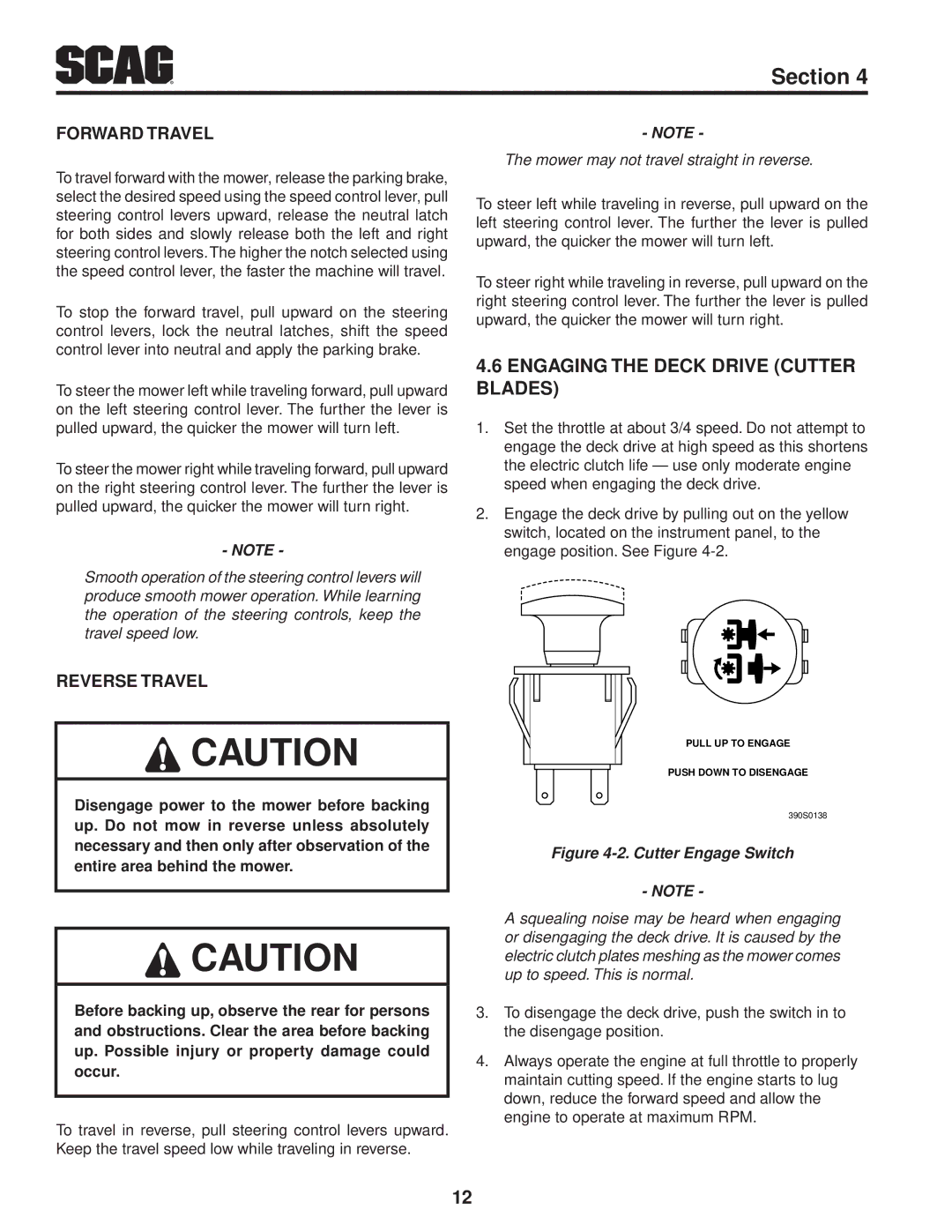 Scag Power Equipment SWZ48V-17KAI, SWZ52V-19KAI manual Engaging the Deck Drive Cutter Blades, Forward Travel, Reverse Travel 