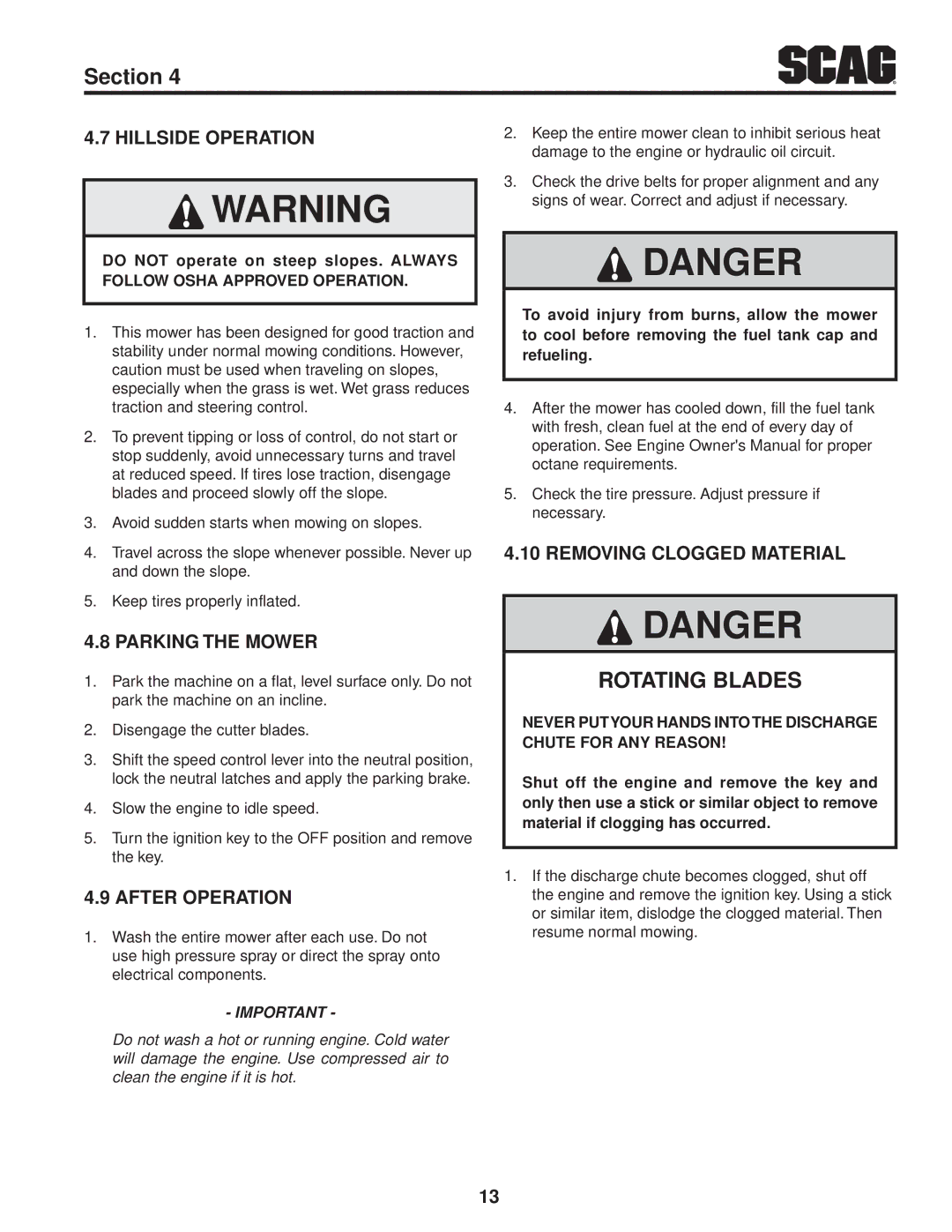 Scag Power Equipment SWZ36A-17KAI manual Hillside Operation, Parking the Mower, After Operation, Removing Clogged Material 