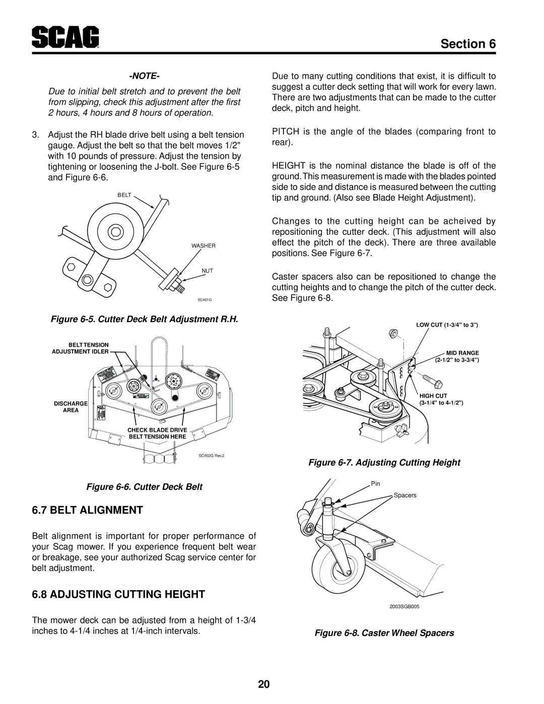 Scag Power Equipment SWZ36A-17KAI, SWZ52V-19KAI, SWZ-19KAI, SWZ48V-17KAI, SWZ-21KAE Belt Alignment, Adjusting Cutting Height 