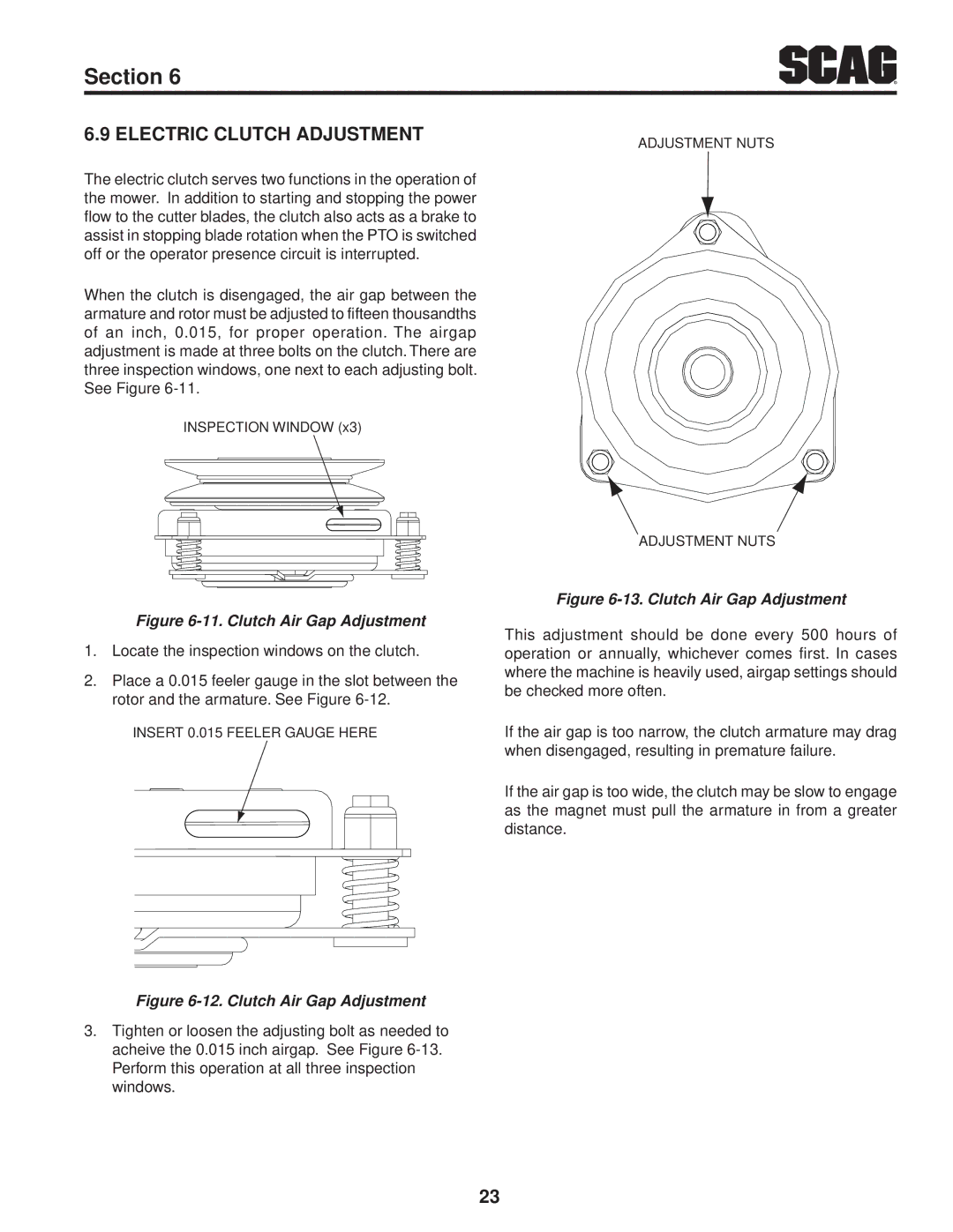Scag Power Equipment SWZ36A-16KAI, SWZ52V-19KAI, SWZ-19KAI, SWZ-21KAE Electric clutch adjustment, Clutch Air Gap Adjustment 