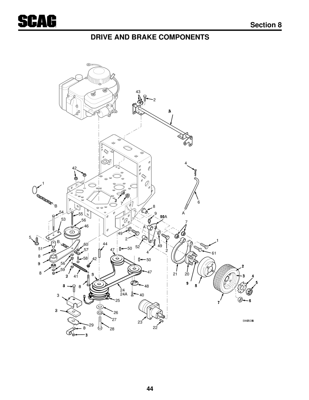 Scag Power Equipment SWZ36A-16KAI, SWZ52V-19KAI, SWZ-19KAI, SWZ48V-17KAI, SWZ36A-17KAI, SWZ-21KAE Drive and Brake Components 