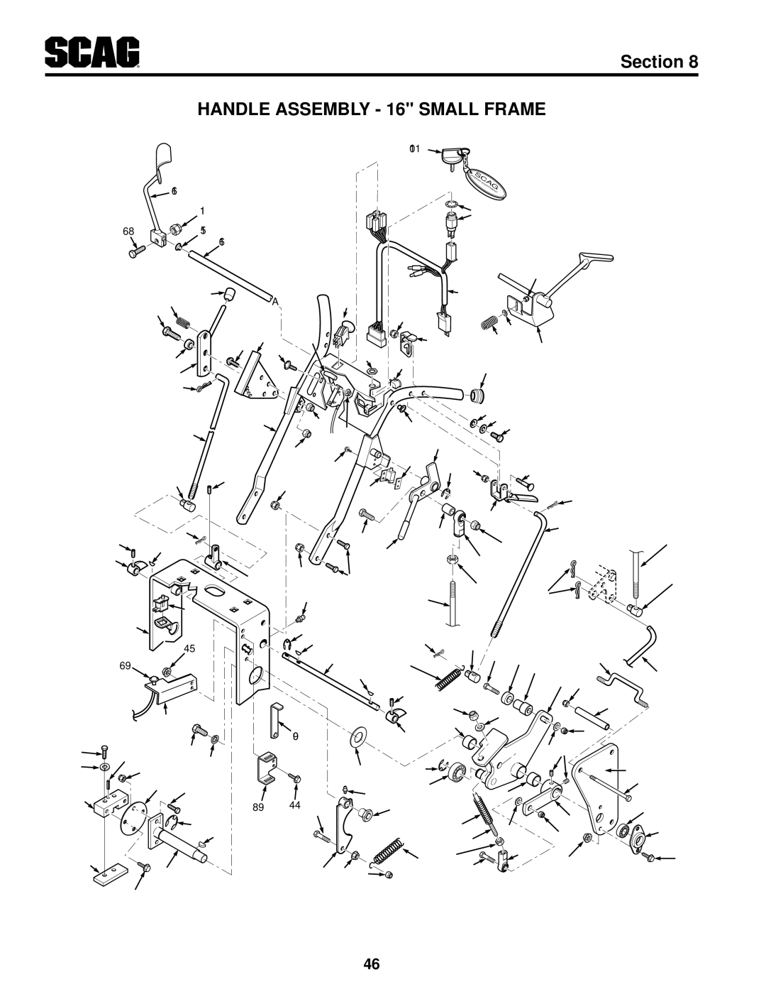 Scag Power Equipment SWZ-19KAI, SWZ52V-19KAI, SWZ48V-17KAI, SWZ36A-17KAI, SWZ-21KAE manual Handle Assembly 16 Small Frame 