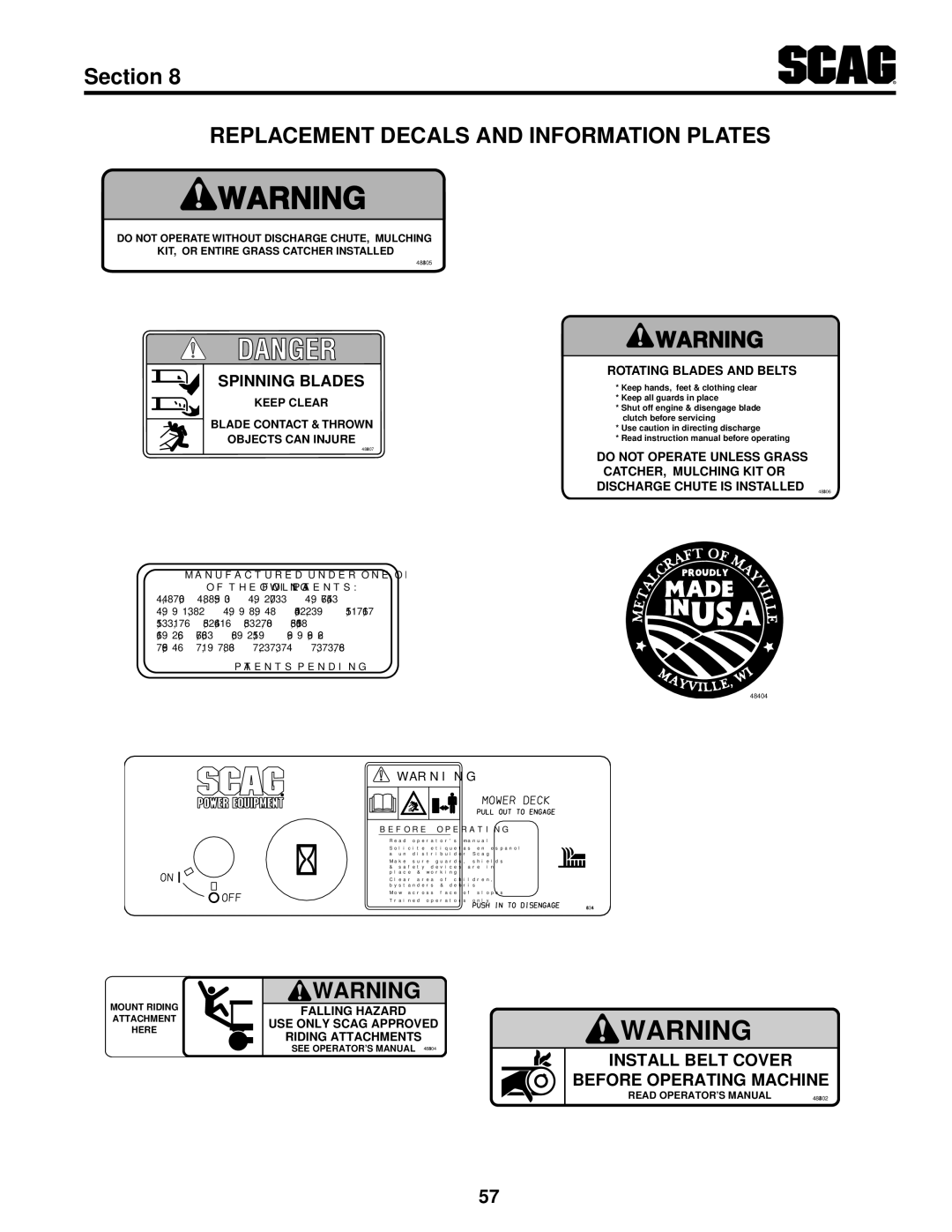 Scag Power Equipment SWZ52V-17KAI, SWZ52V-19KAI, SWZ-19KAI, SWZ48V-17KAI, SWZ-21KAE Replacement Decals and Information Plates 