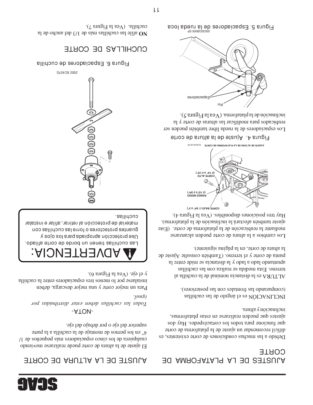 Scag Power Equipment SWZ-19KAI manual Corte DE Cuchillas, Corte DE Altura LA DE Ajuste, Corte DE Plataforma LA DE Ajustes 