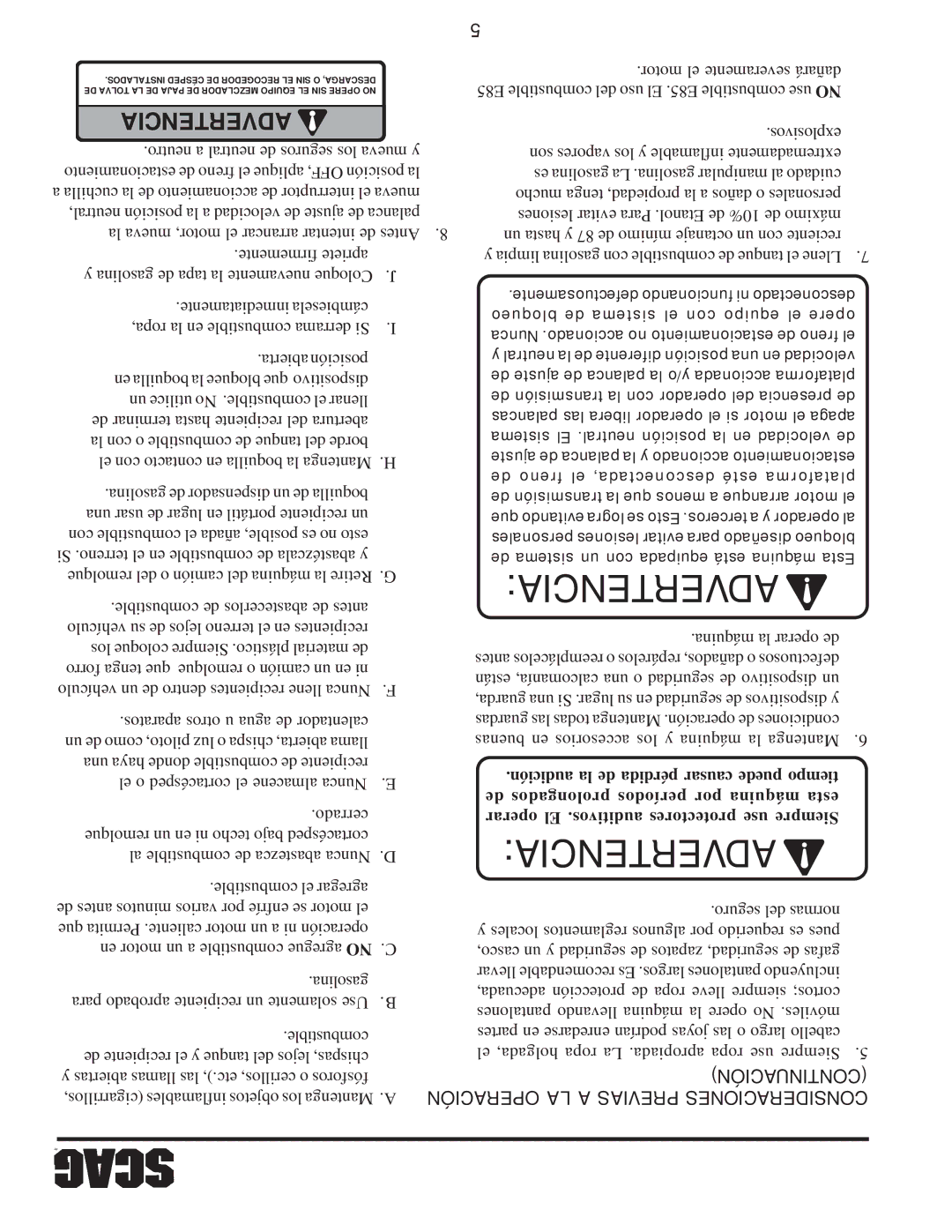 Scag Power Equipment SWZ52V-19KAI, SWZ-19KAI, SWZ48V-17KAI, SWZ36A-17KAI Advertencia, Operación LA a Previas Consideraciones 