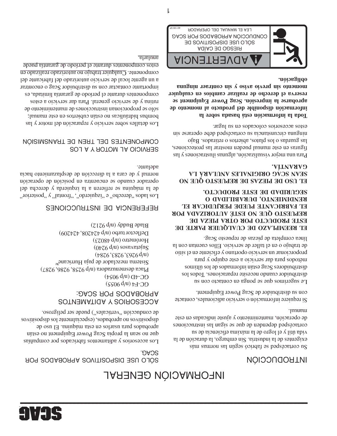 Scag Power Equipment SWZ-21KAE Introducción, Instrucciones DE Referencia, Scag POR Aprobados Aditamentos Y Accesorios 