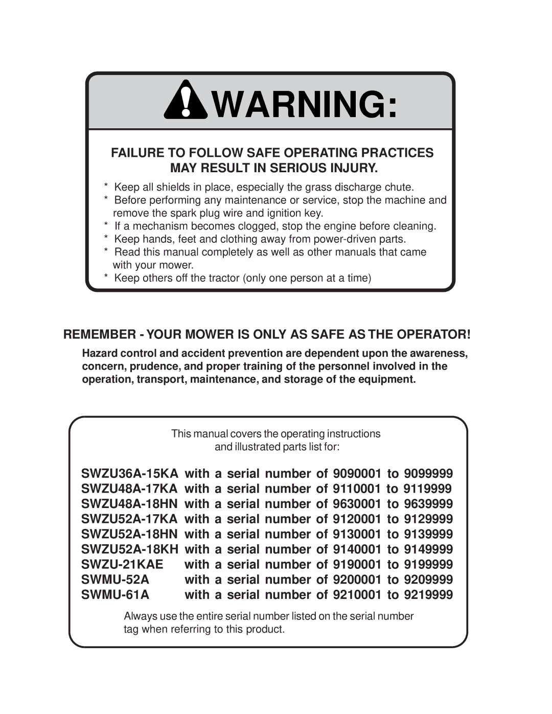 Scag Power Equipment SWZU manual Remember Your Mower is only AS Safe AS the Operator 