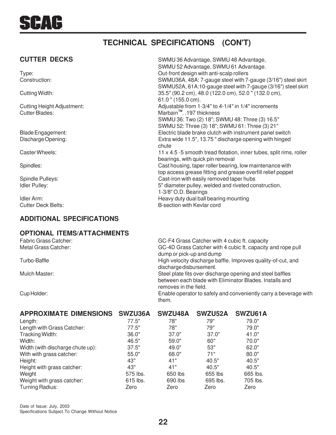 Scag Power Equipment SWZU manual Cutter Decks, Additional Specifications Optional ITEMS/ATTACHMENTS 