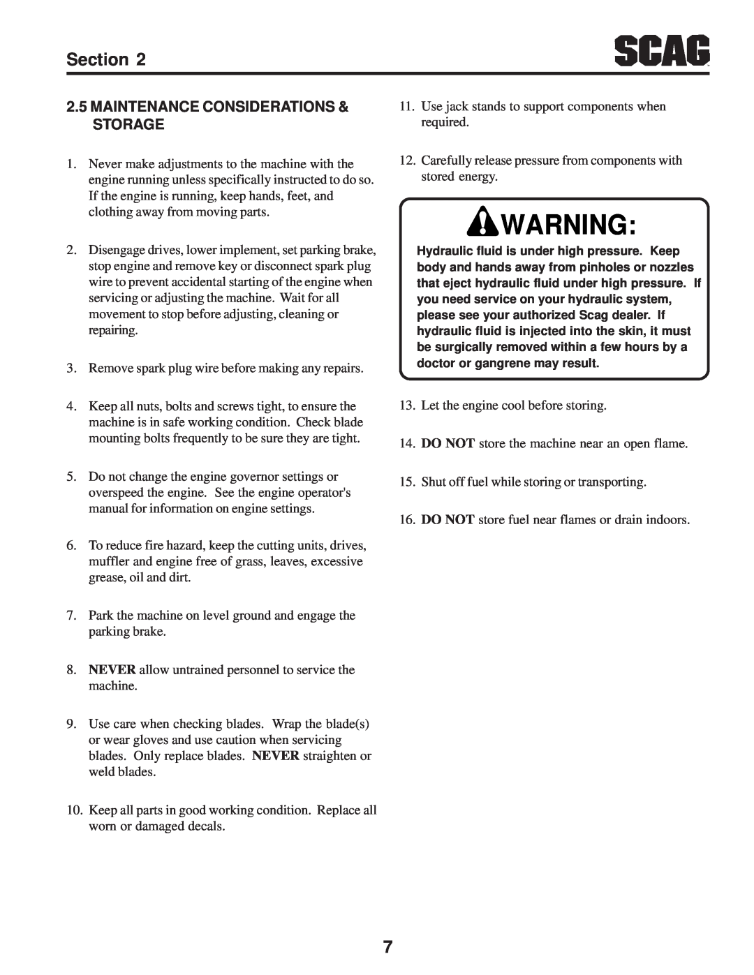 Scag Power Equipment SWZV manual Maintenance Considerations & Storage 