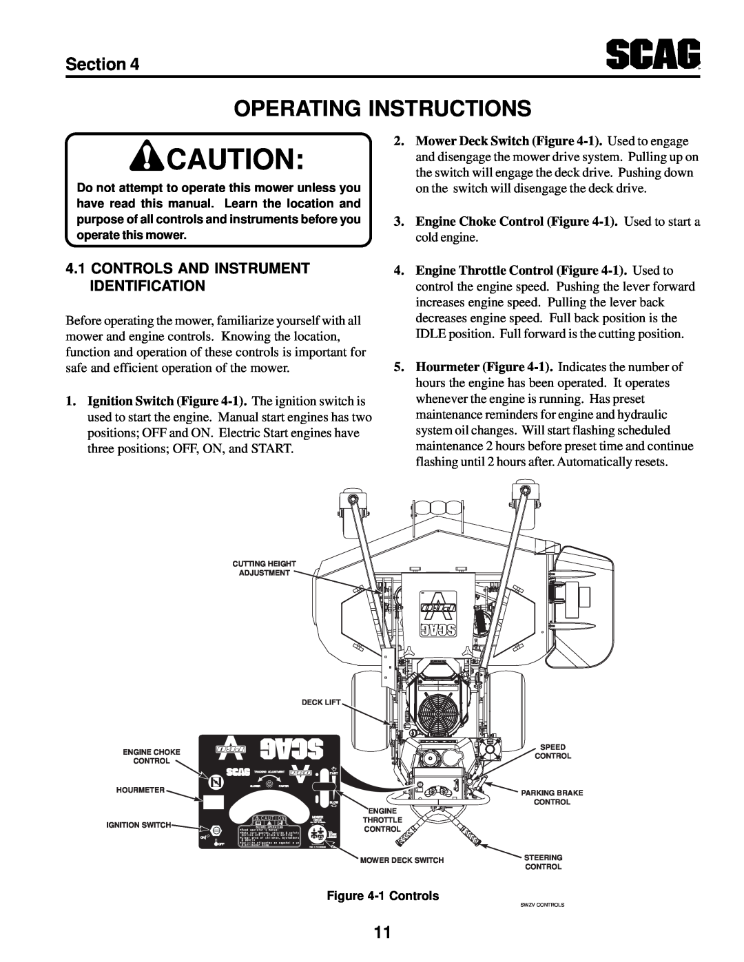 Scag Power Equipment SWZV manual Operating Instructions, Section, Controls And Instrument Identification 