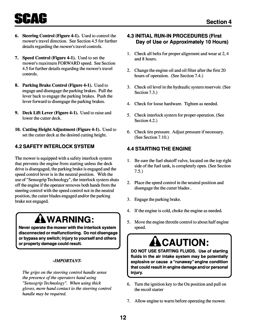 Scag Power Equipment SWZV manual Section, Safety Interlock System, Starting The Engine 