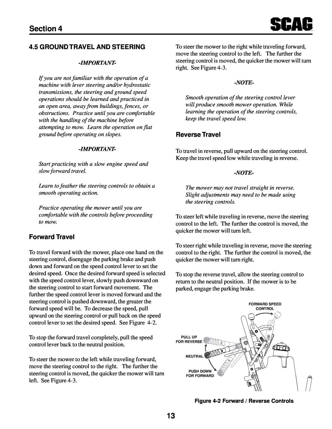 Scag Power Equipment SWZV manual Section, Ground Travel And Steering, Forward Travel, Reverse Travel 