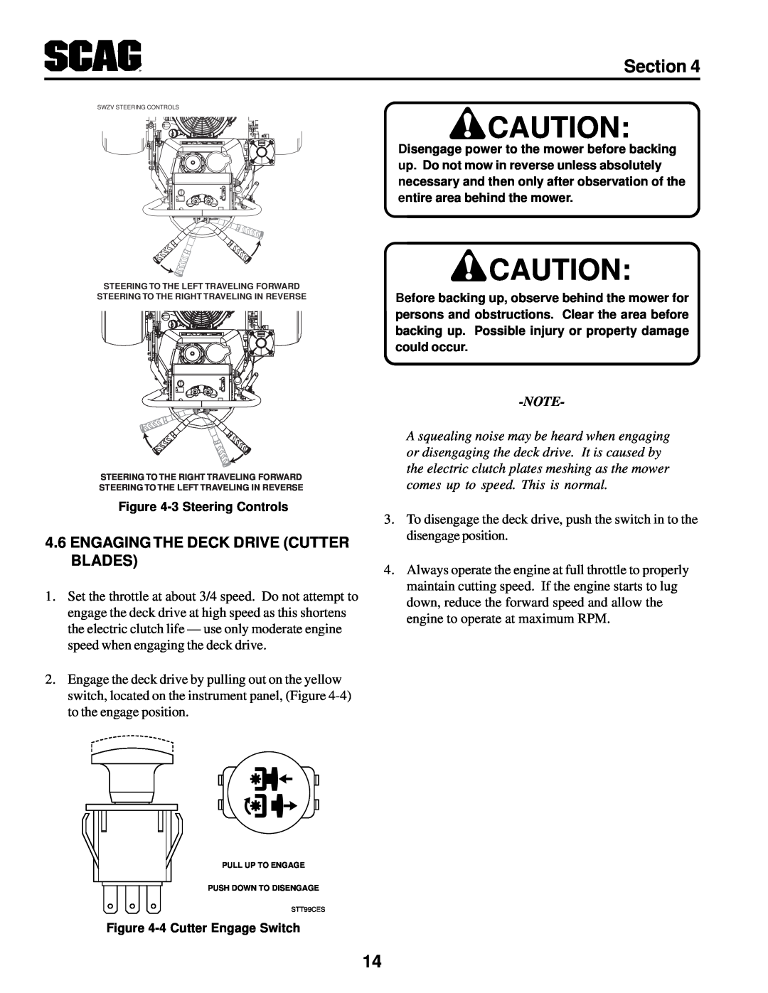 Scag Power Equipment SWZV Section, Engaging The Deck Drive Cutter Blades, 3 Steering Controls, 4 Cutter Engage Switch 