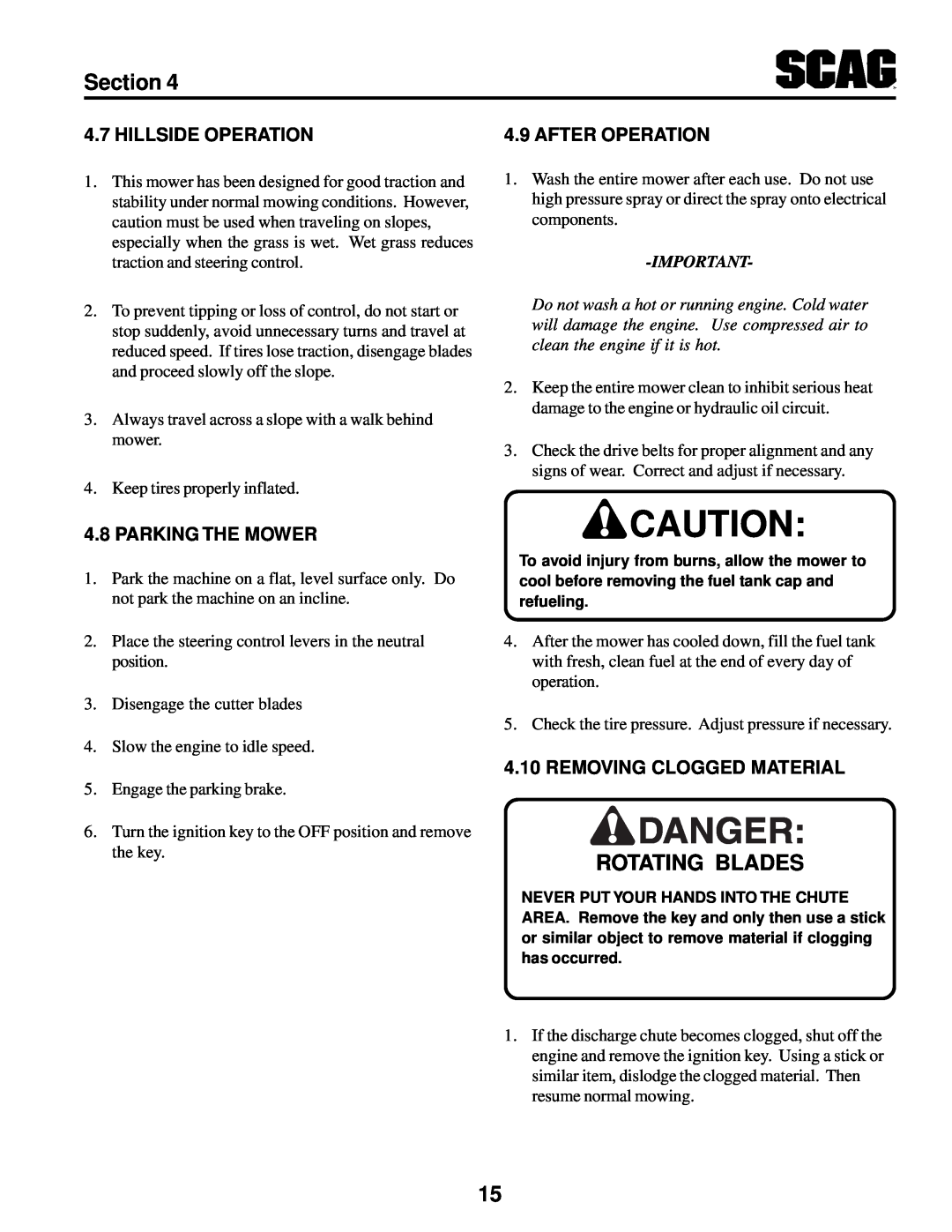 Scag Power Equipment SWZV manual Rotating Blades, Section, Hillside Operation, Parking The Mower, Removing Clogged Material 