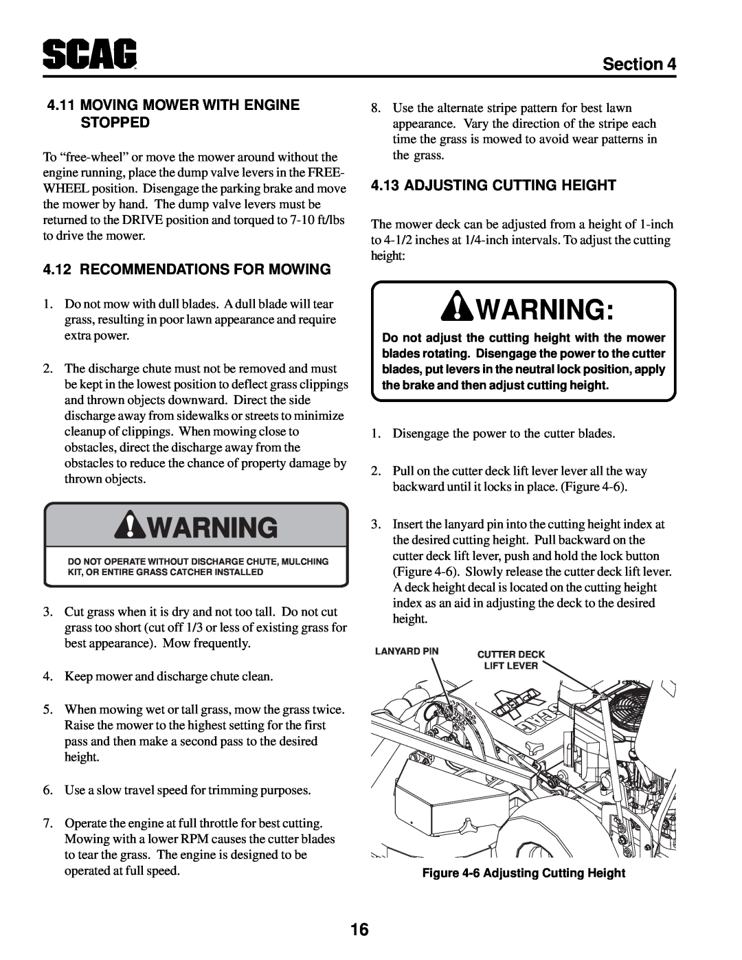 Scag Power Equipment SWZV Section, Moving Mower With Engine Stopped, Recommendations For Mowing, Adjusting Cutting Height 