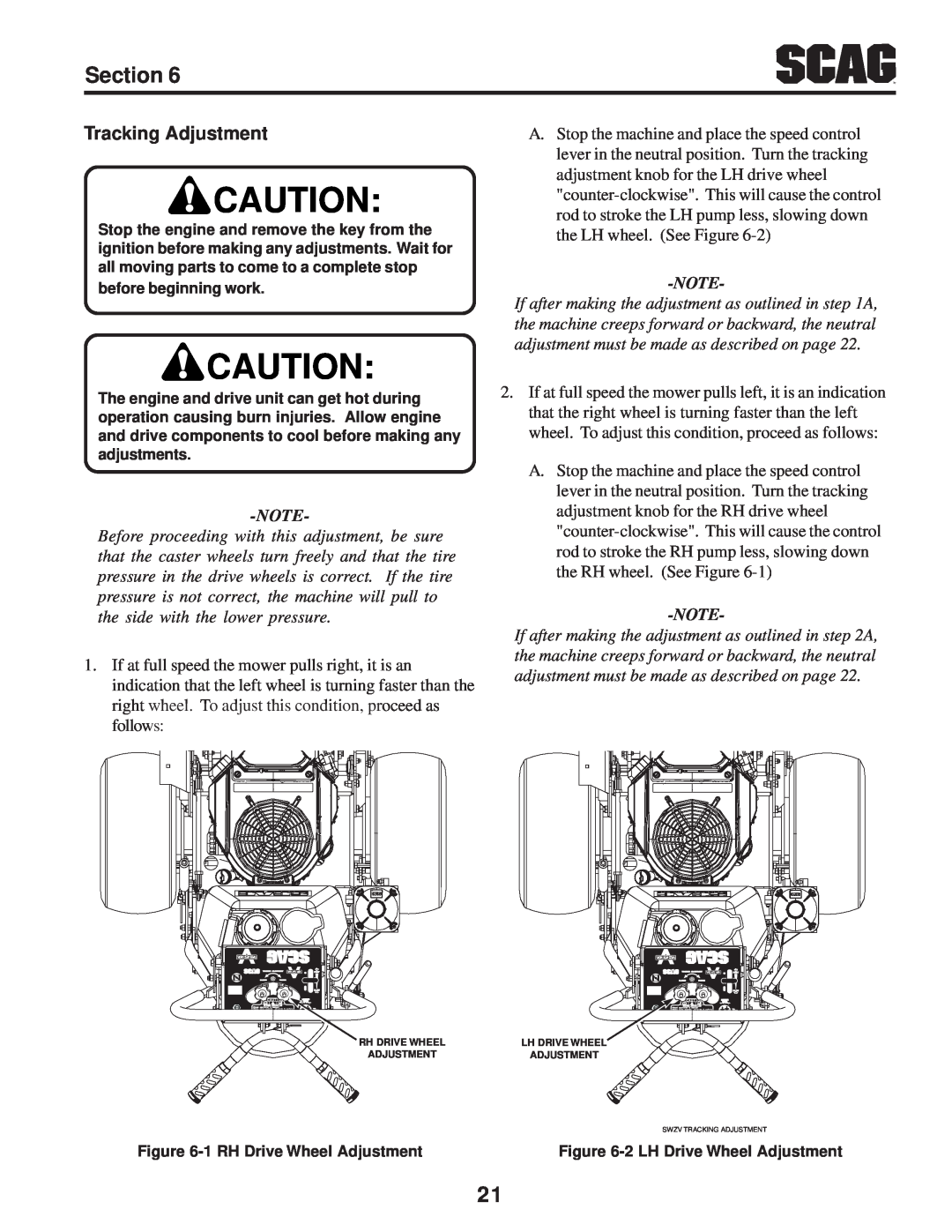 Scag Power Equipment SWZV manual Tracking Adjustment, before beginning work, 1 RH Drive Wheel Adjustment 