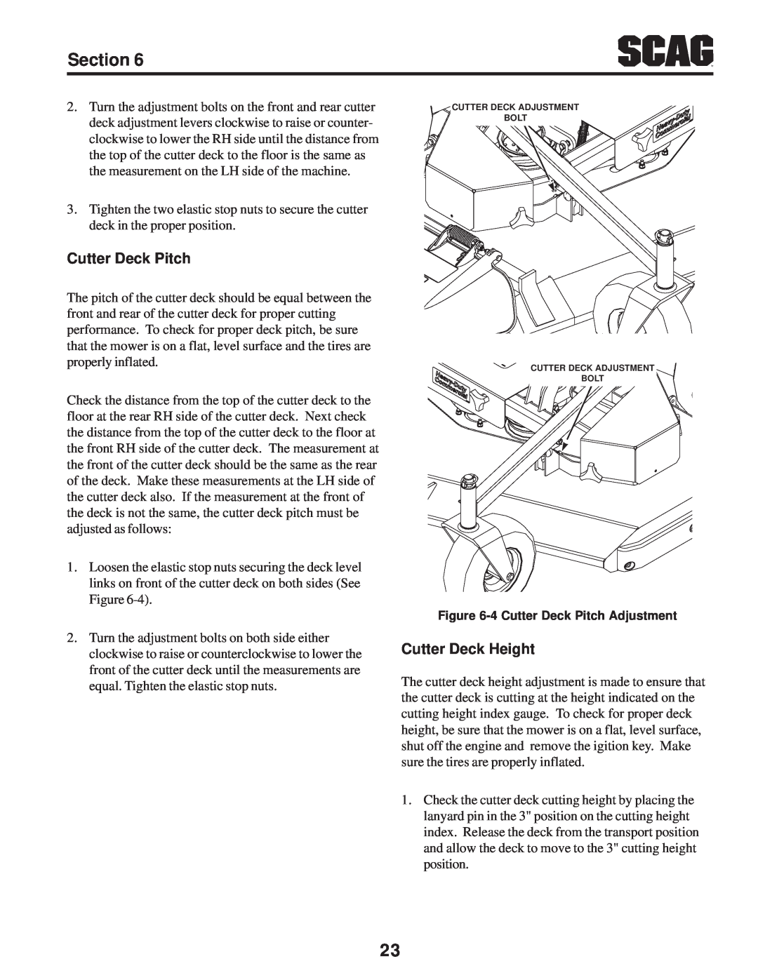 Scag Power Equipment SWZV manual Cutter Deck Height, 4 Cutter Deck Pitch Adjustment 