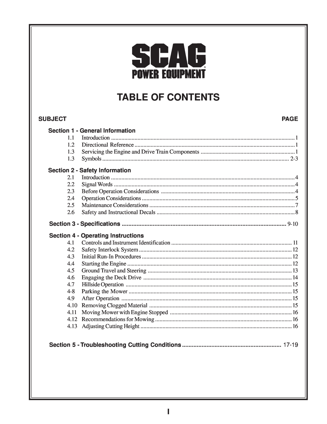 Scag Power Equipment SWZV manual Table Of Contents, Subject, Page, General Information, Safety Information, 17-19 