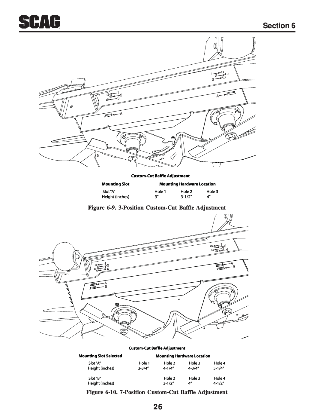 Scag Power Equipment SWZV manual 9. 3-Position Custom-Cut Baffle Adjustment, 10. 7-Position Custom-Cut Baffle Adjustment 