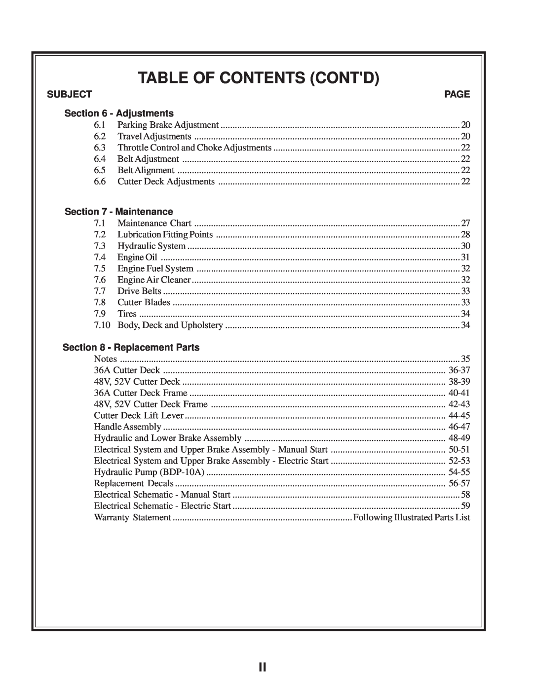 Scag Power Equipment SWZV manual Table Of Contents Contd 