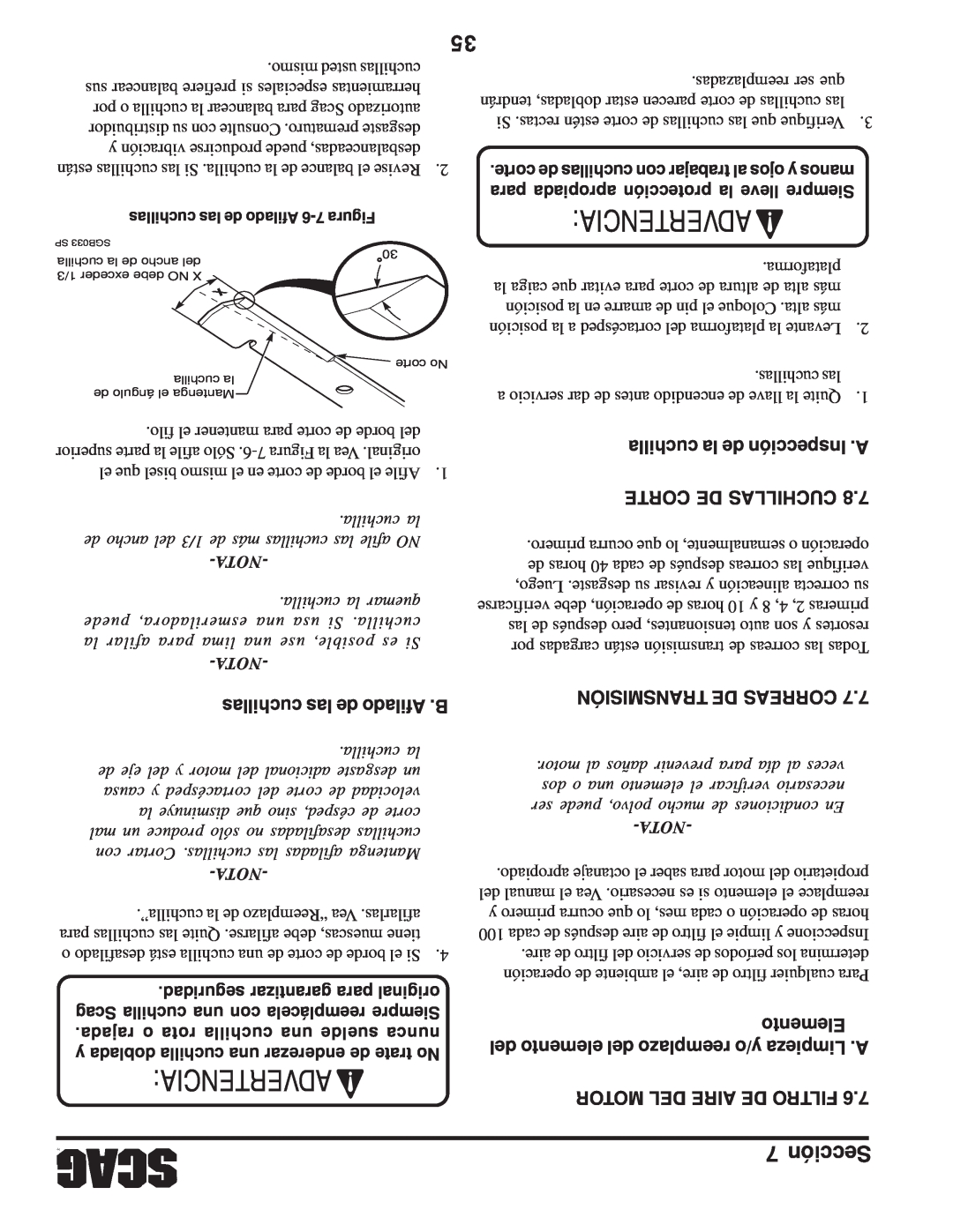 Scag Power Equipment SWZV Advertencia, cuchilla la de Inspección .A, Corte De Cuchillas, cuchillas las de Afilado .B, Nota 