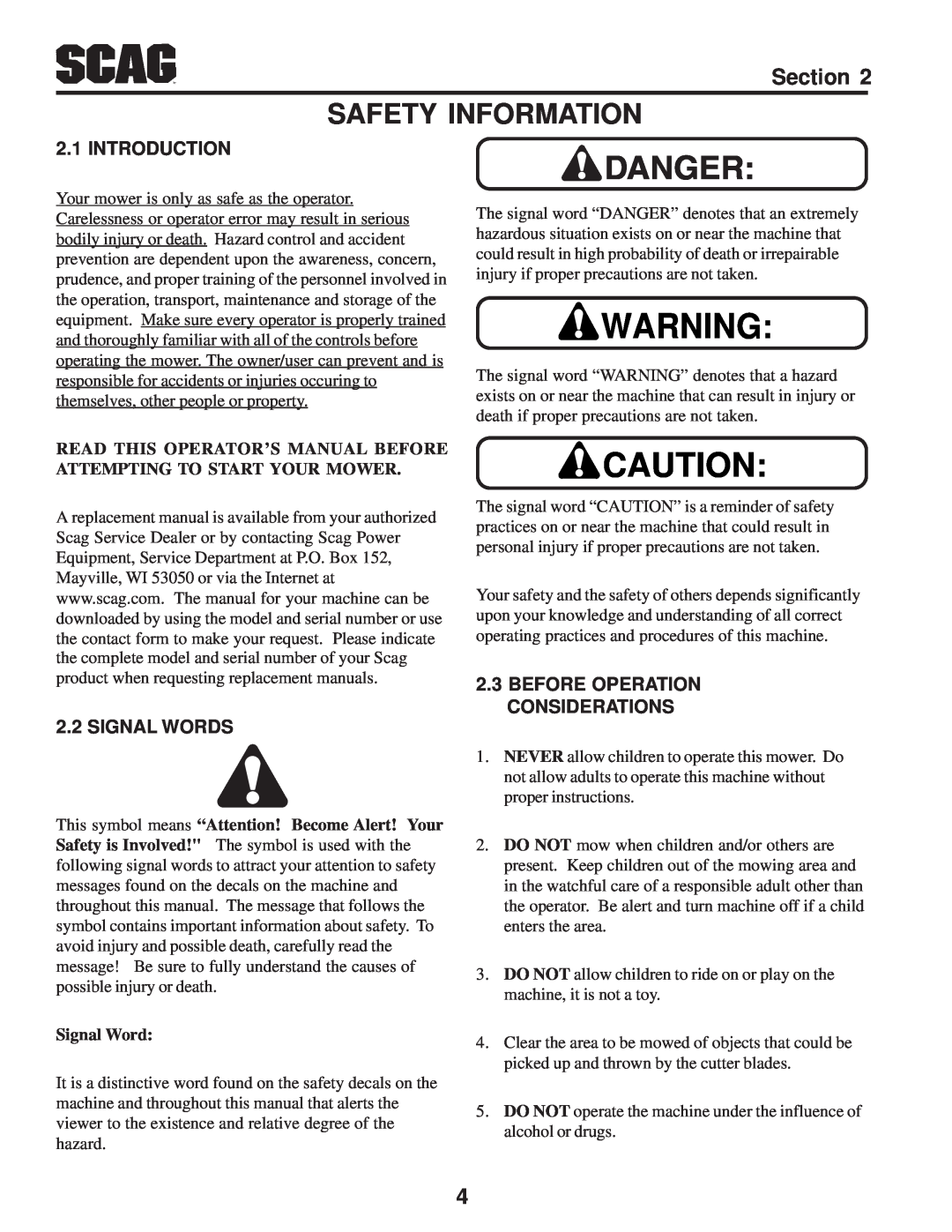 Scag Power Equipment SWZV manual Safety Information, Introduction, Signal Words, Before Operation Considerations 