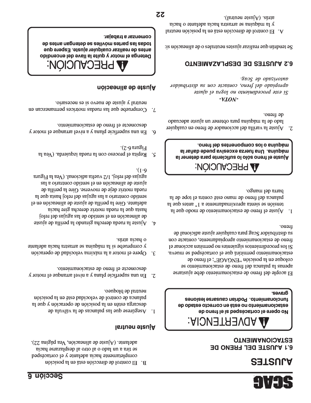 Scag Power Equipment SWZV Advertencia, Precaución, alineación de Ajuste, Desplazamiento De Ajustes, neutral Ajuste 