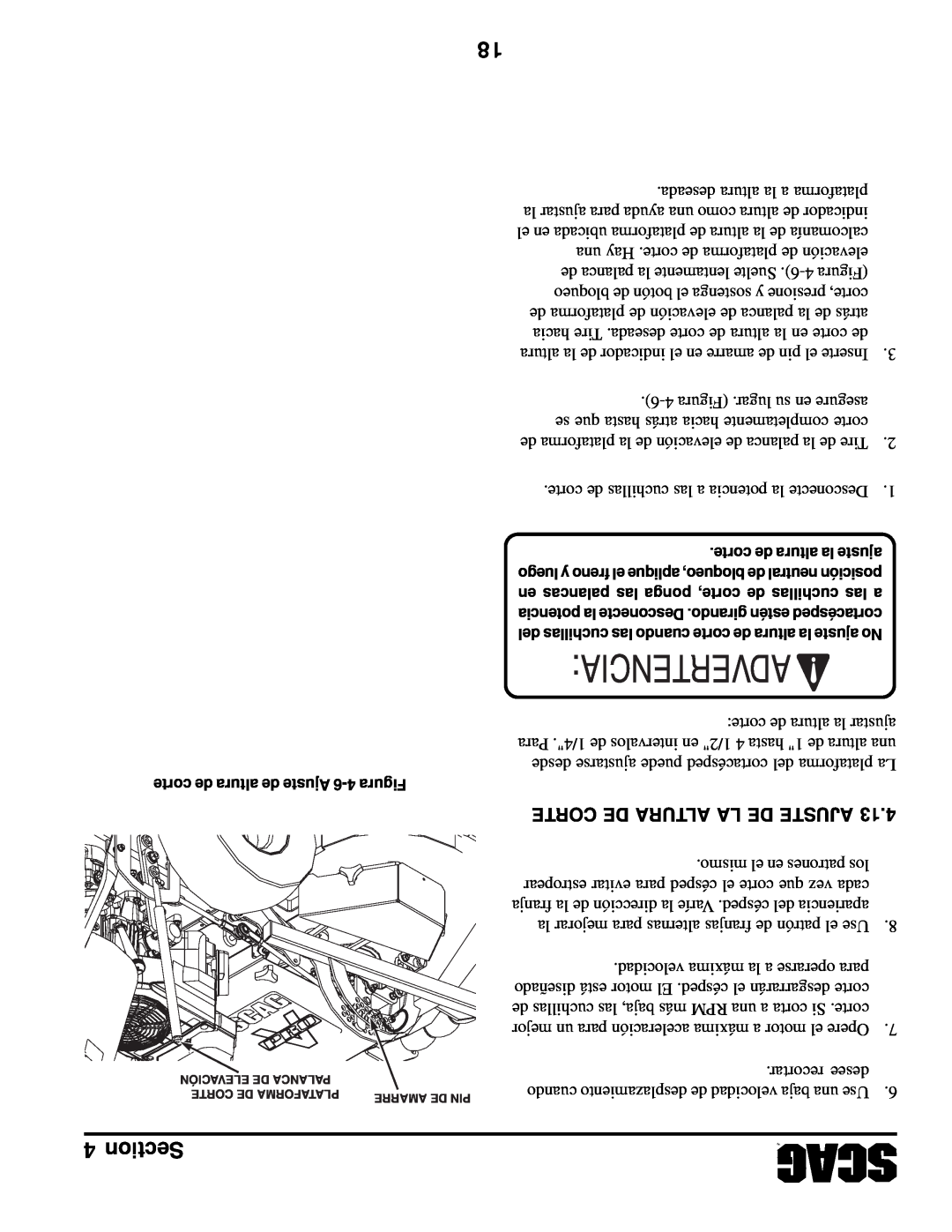 Scag Power Equipment SWZV manual Section, Advertencia, Corte De Altura La De Ajuste 