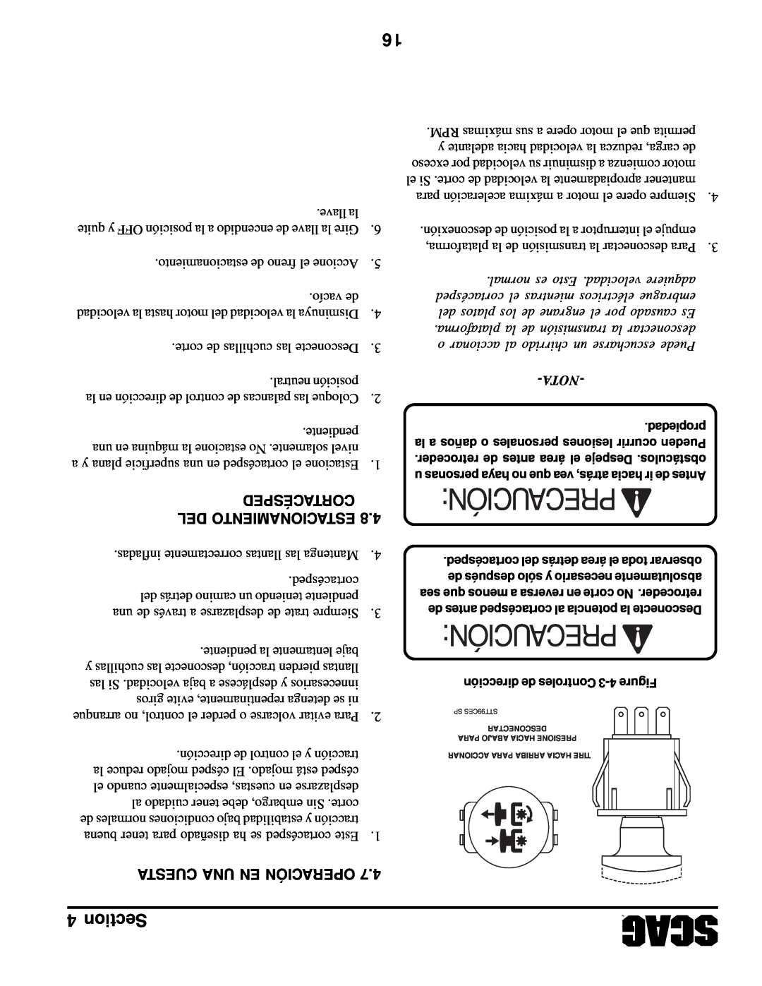 Scag Power Equipment SWZV manual Precaución, Section, Cortacésped, Cuesta Una En Operación, Del Estacionamiento, Nota 