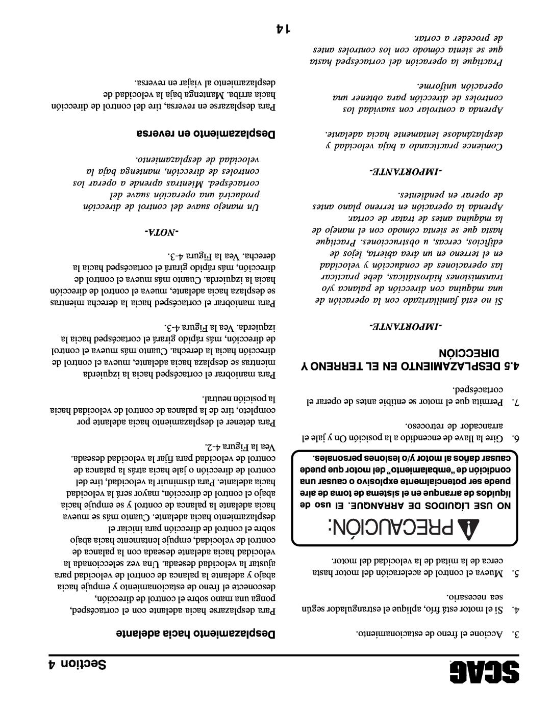 Scag Power Equipment SWZV Precaución, Section, reversa en Desplazamiento, adelante hacia Desplazamiento, Dirección, Nota 