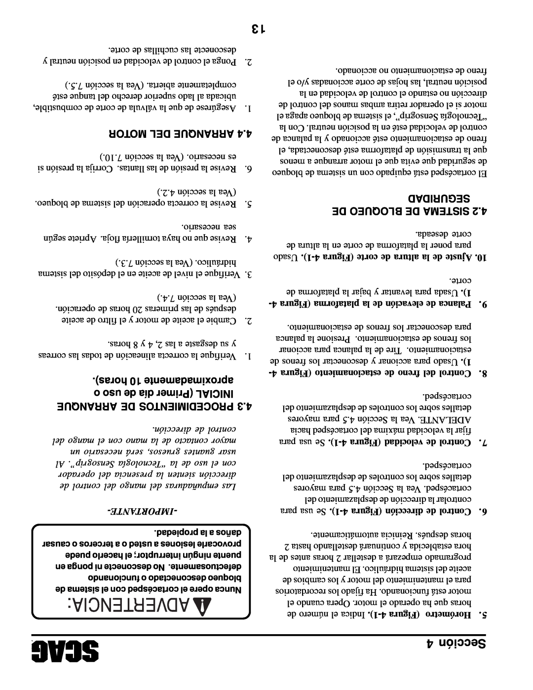 Scag Power Equipment SWZV Advertencia, Sección, Motor Del Arranque, horas 10 aproximadamente, o uso de día Primer INICIAL 