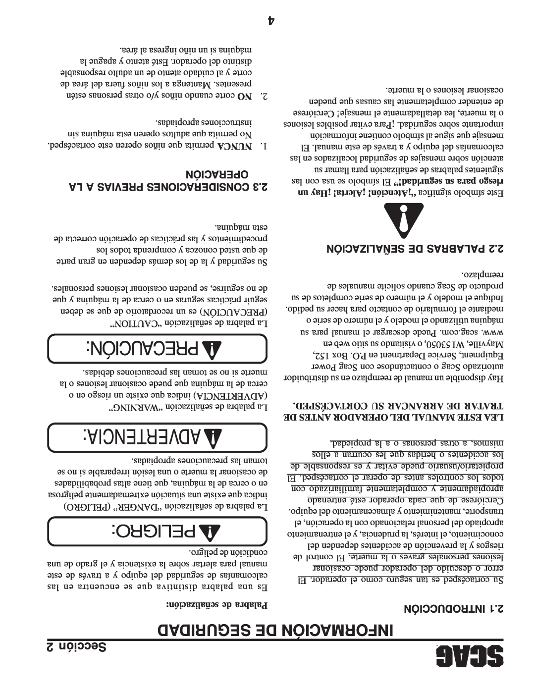 Scag Power Equipment SWZV manual Seguridad De Información, Advertencia, Precaución, Peligro, Señalización De Palabras 