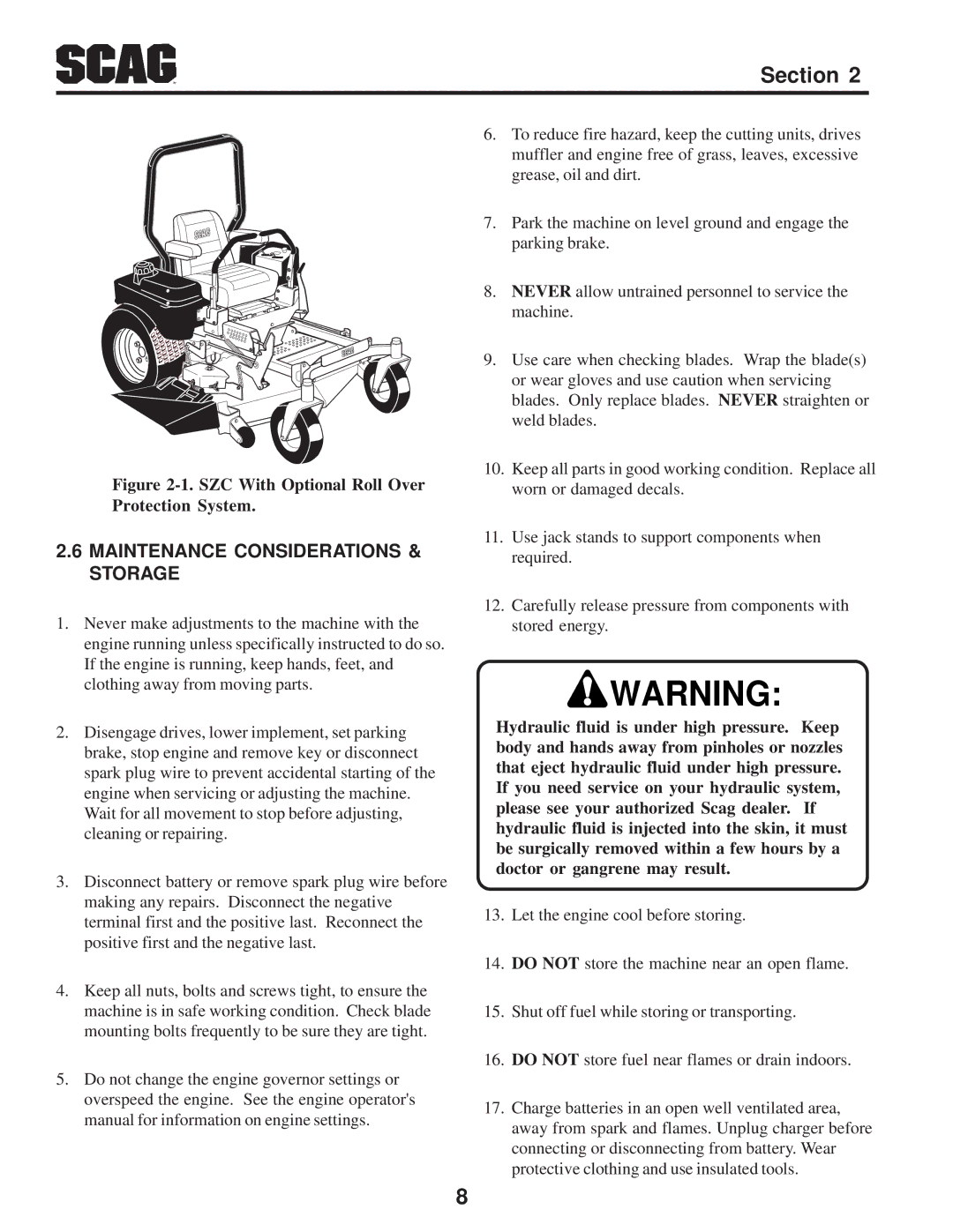 Scag Power Equipment manual Maintenance Considerations & Storage, SZC With Optional Roll Over Protection System 