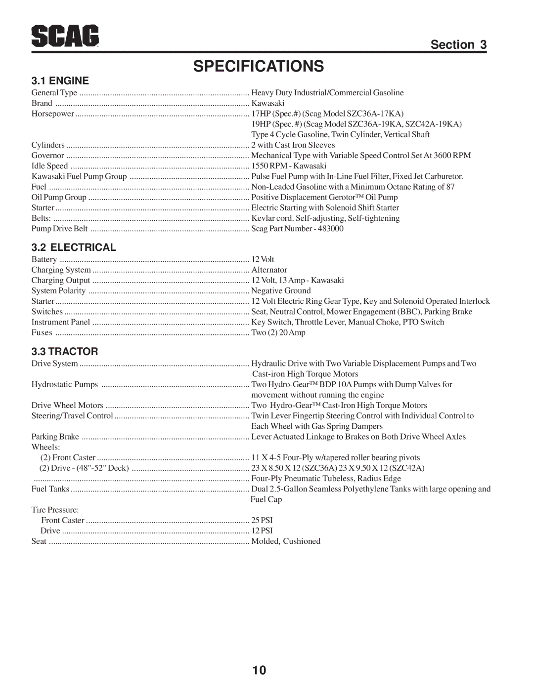 Scag Power Equipment SZC manual Specifications, Engine, Electrical, Tractor 