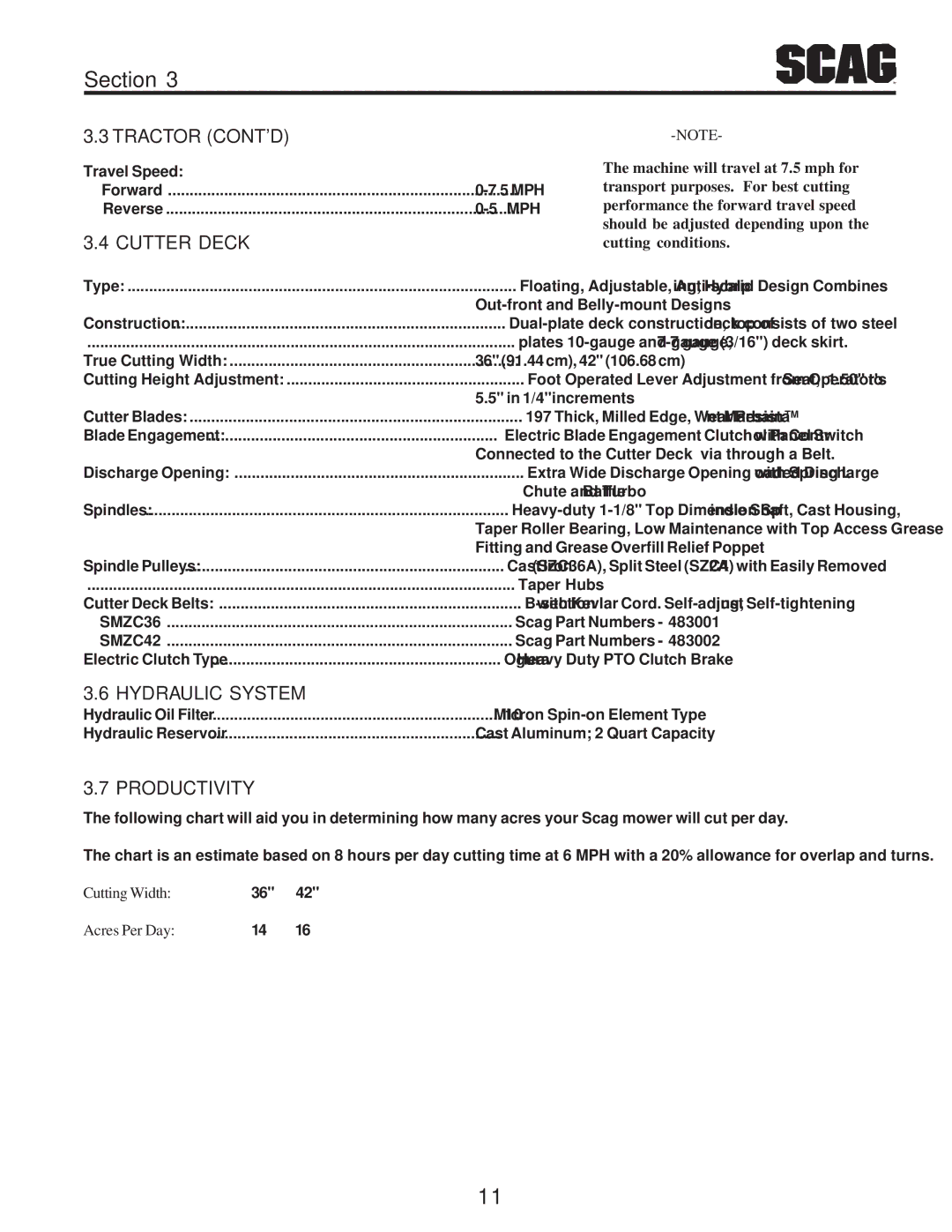 Scag Power Equipment SZC manual Tractor Contd, Cutter Deck, Hydraulic System, Productivity 