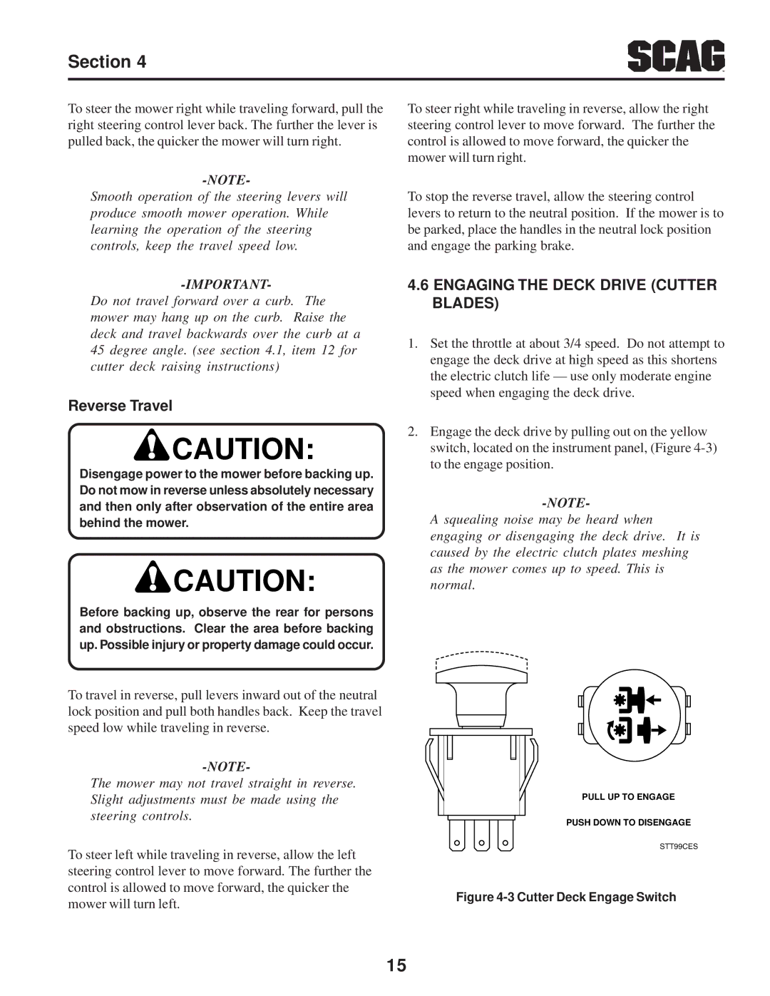 Scag Power Equipment SZC manual Reverse Travel, Engaging the Deck Drive Cutter Blades 