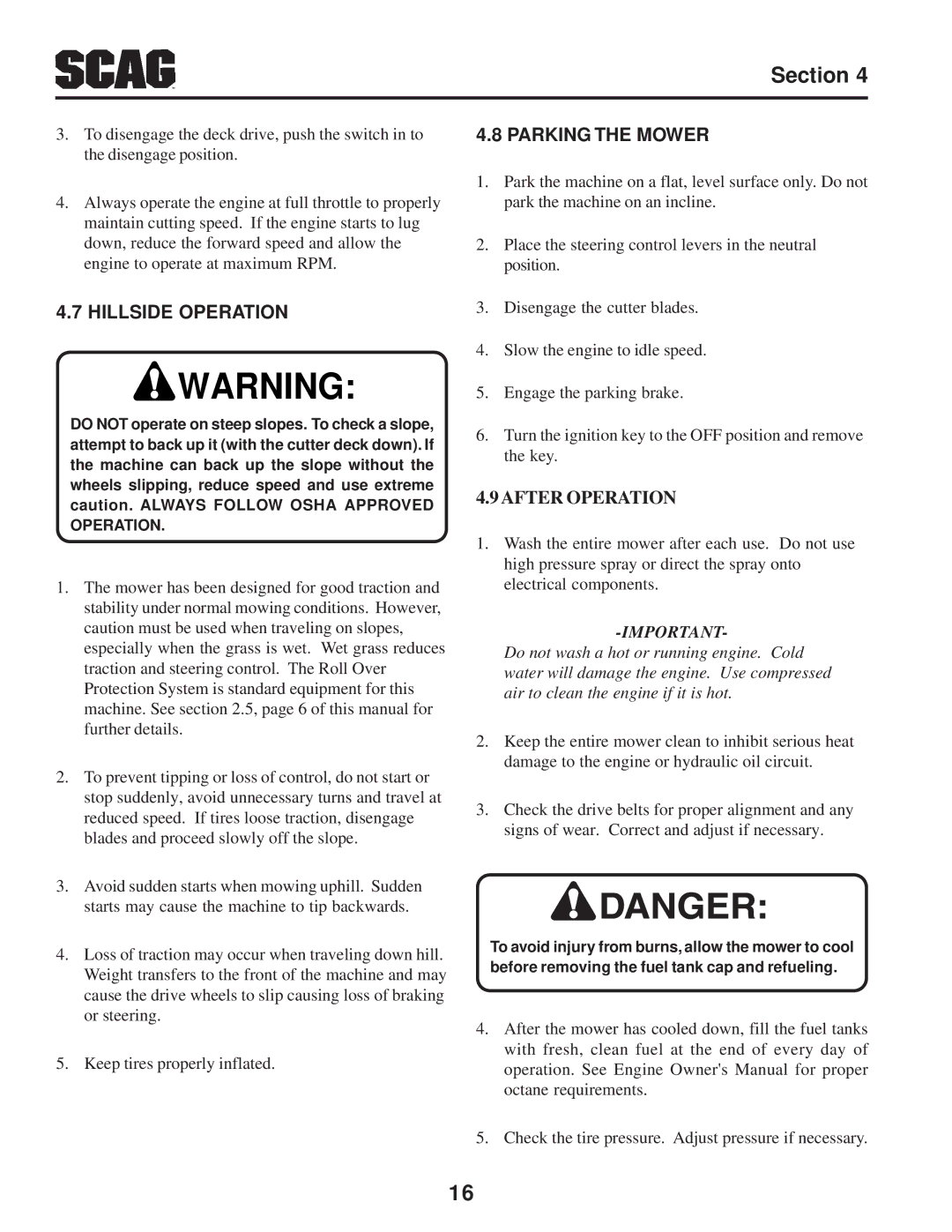 Scag Power Equipment SZC manual Hillside Operation, Parking the Mower 