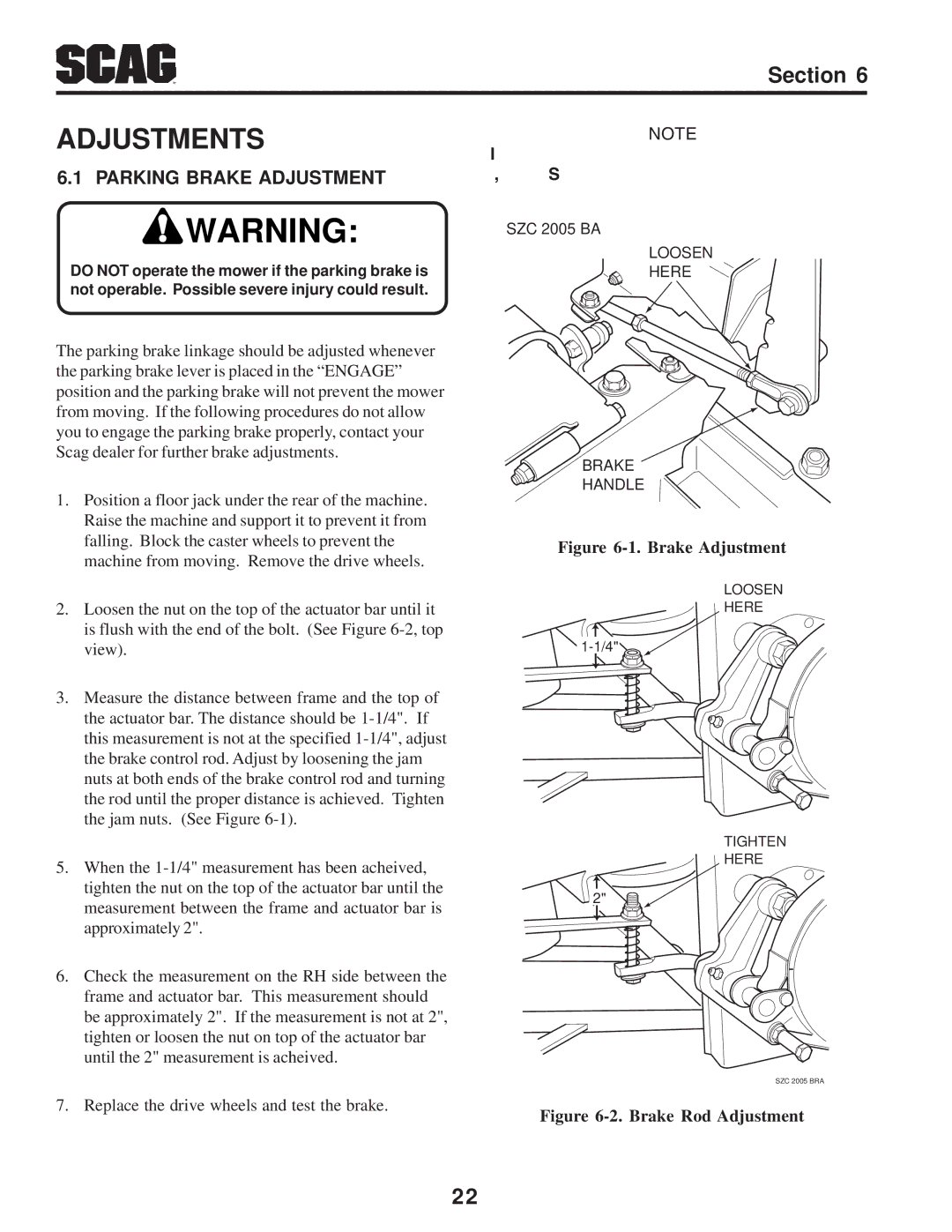 Scag Power Equipment SZC manual Adjustments, Parking Brake Adjustment 