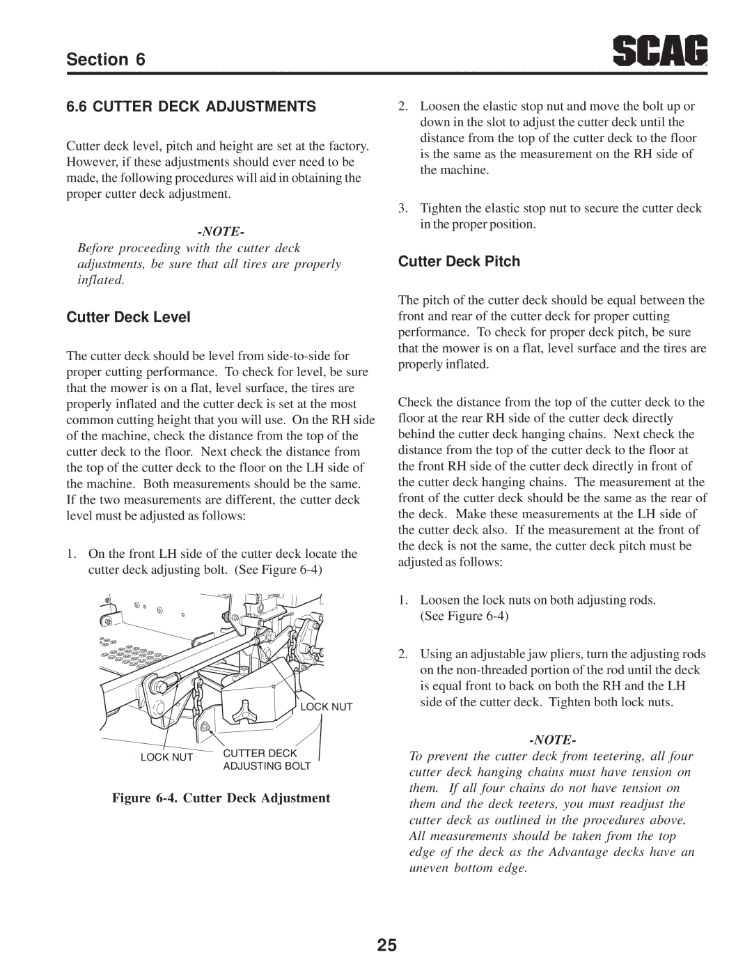 Scag Power Equipment SZC manual Cutter Deck Adjustments, Cutter Deck Level, Cutter Deck Pitch 