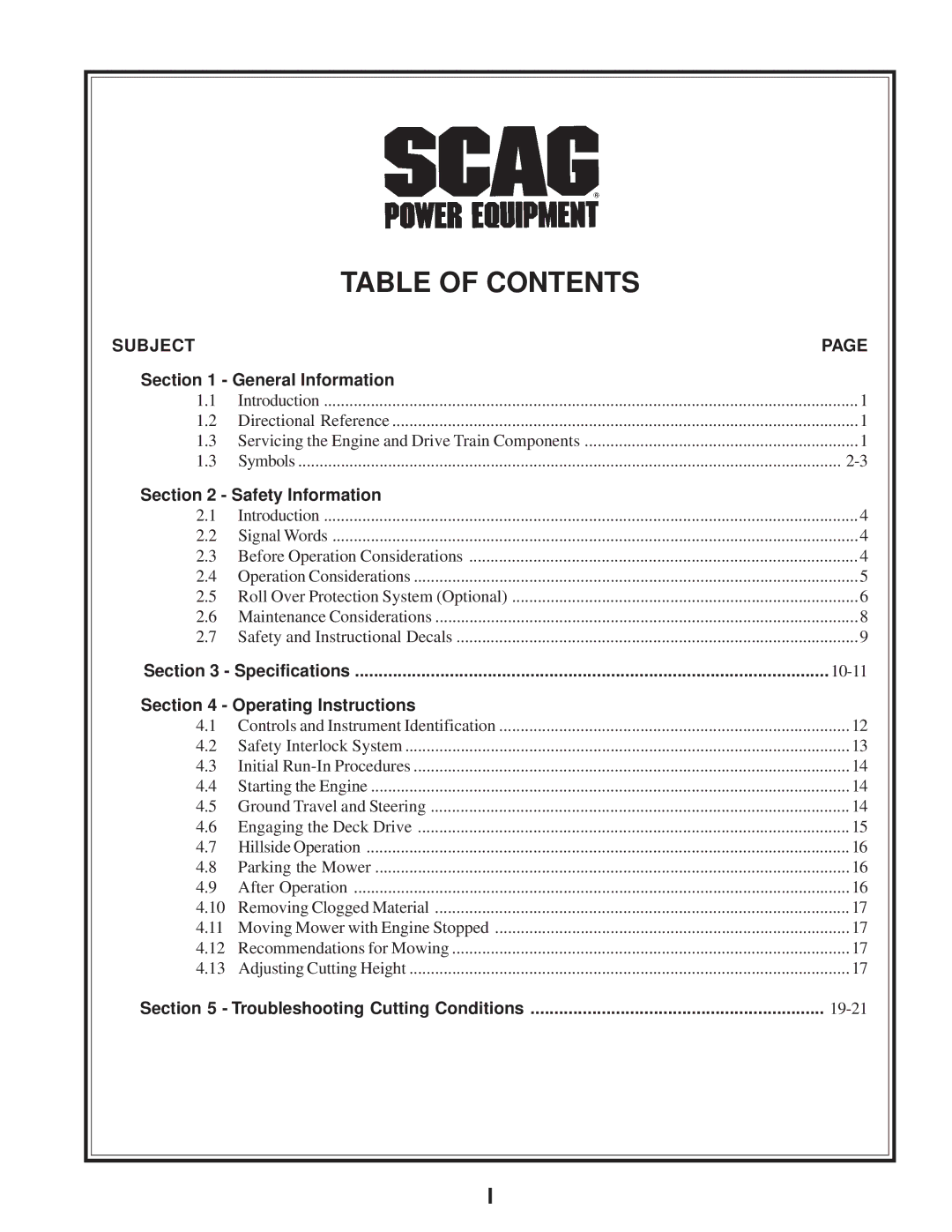 Scag Power Equipment SZC manual Table of Contents 