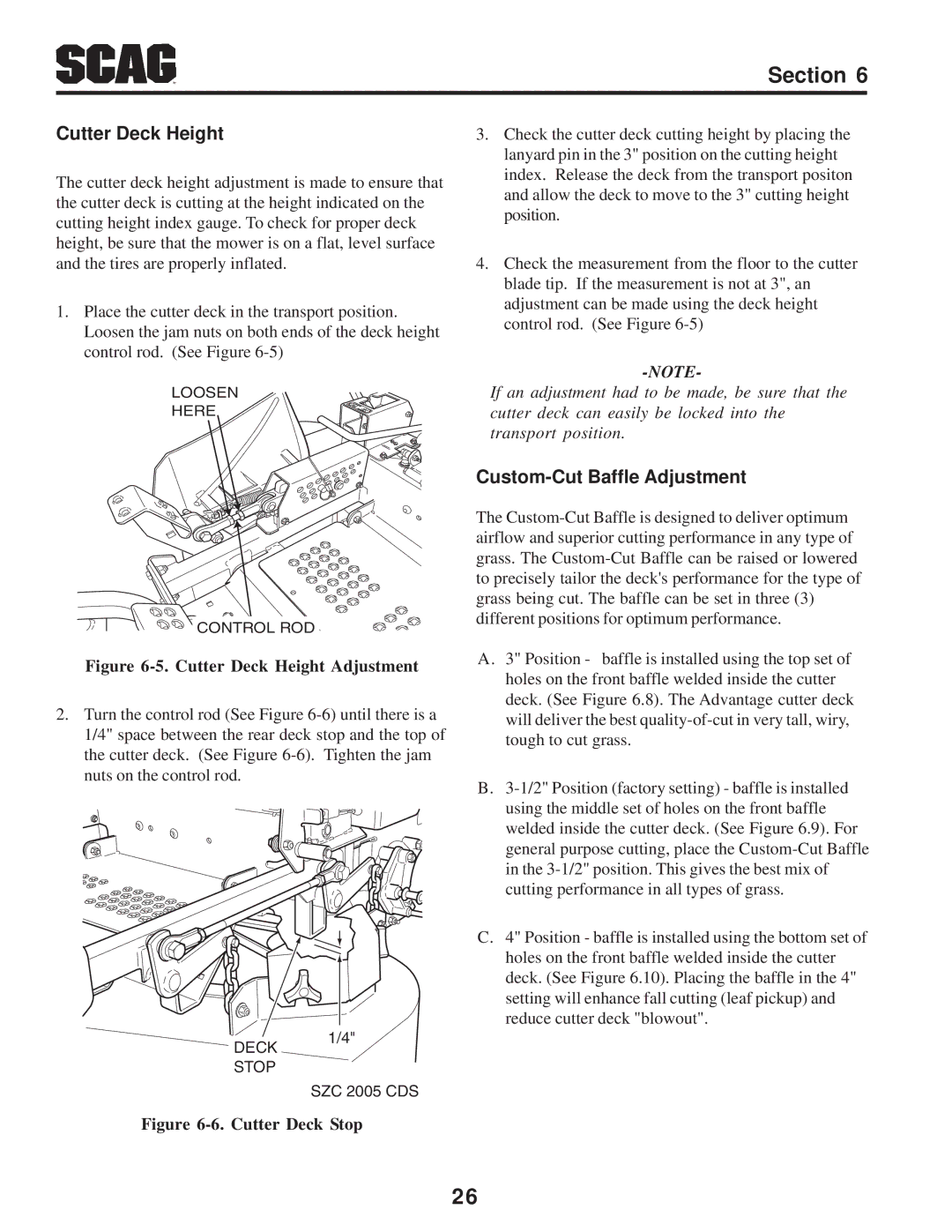 Scag Power Equipment SZC manual Cutter Deck Height, Custom-Cut Baffle Adjustment 