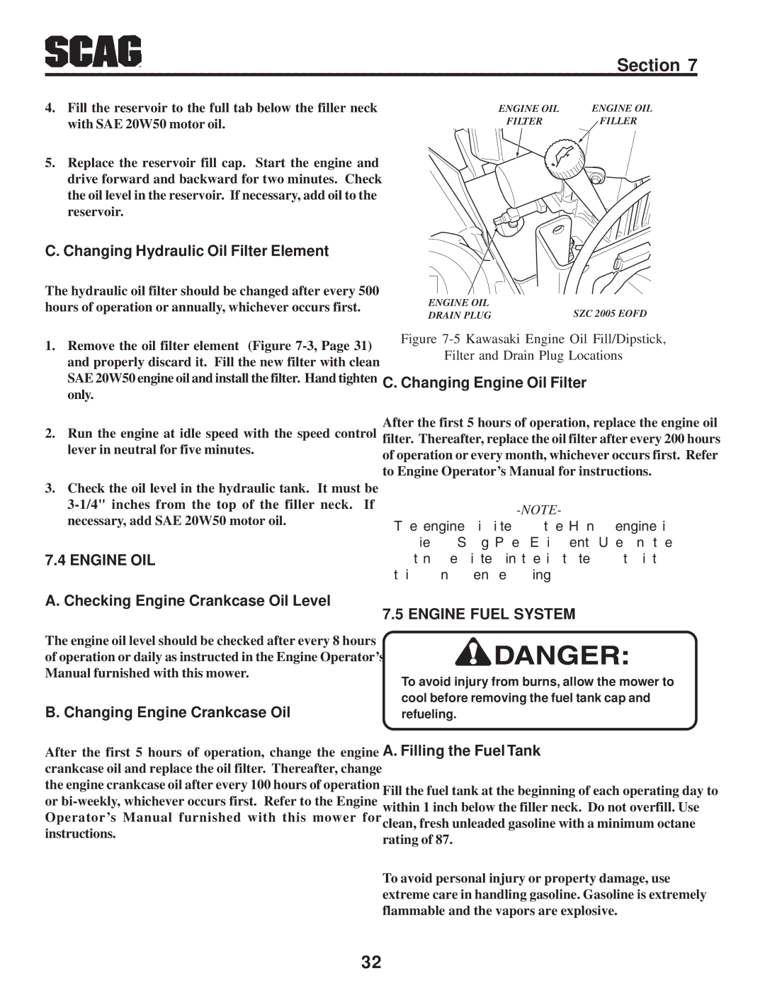 Scag Power Equipment SZC manual Engine OIL, Engine Fuel System 