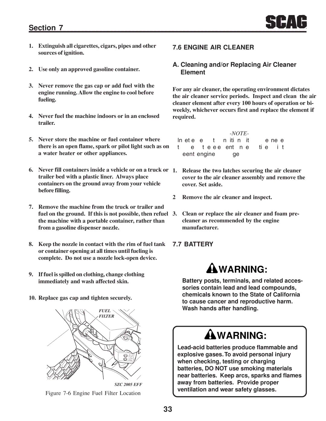 Scag Power Equipment SZC manual Engine AIR Cleaner, Cleaning and/or Replacing Air Cleaner Element, Battery 