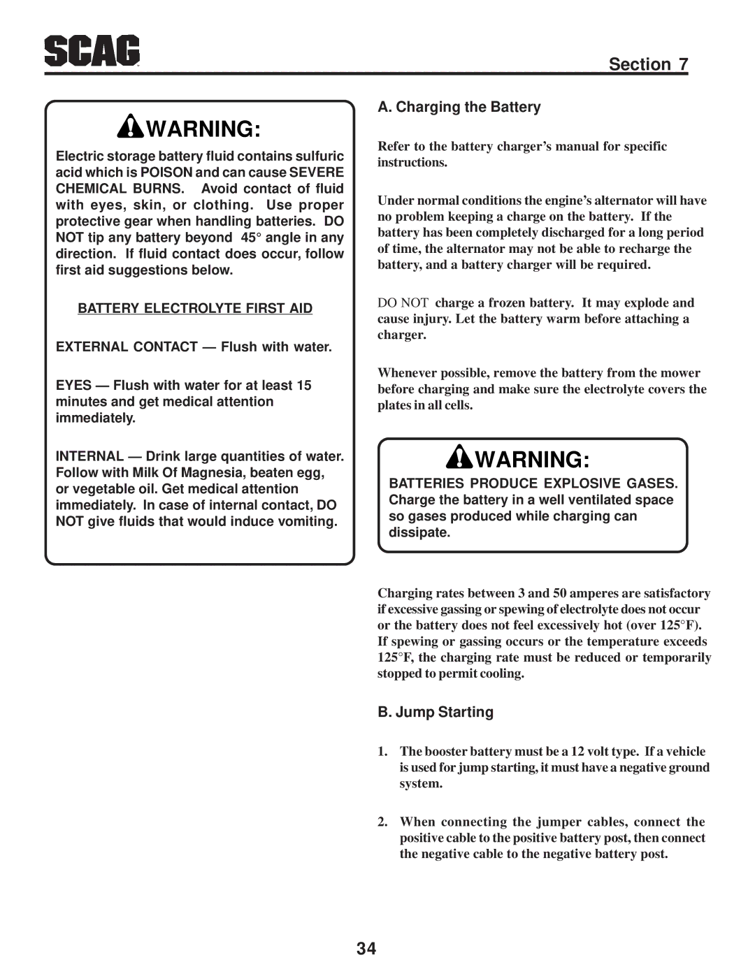 Scag Power Equipment SZC manual Charging the Battery, Jump Starting 