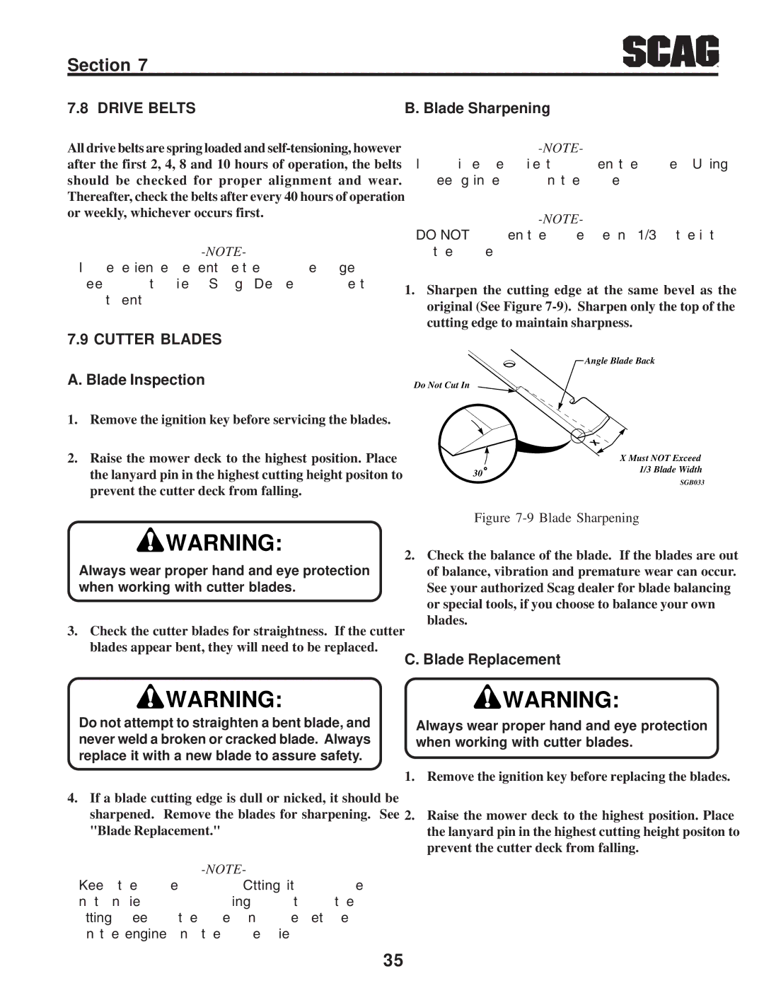 Scag Power Equipment SZC manual Drive Belts, Cutter Blades, Blade Inspection, Blade Sharpening, Blade Replacement 
