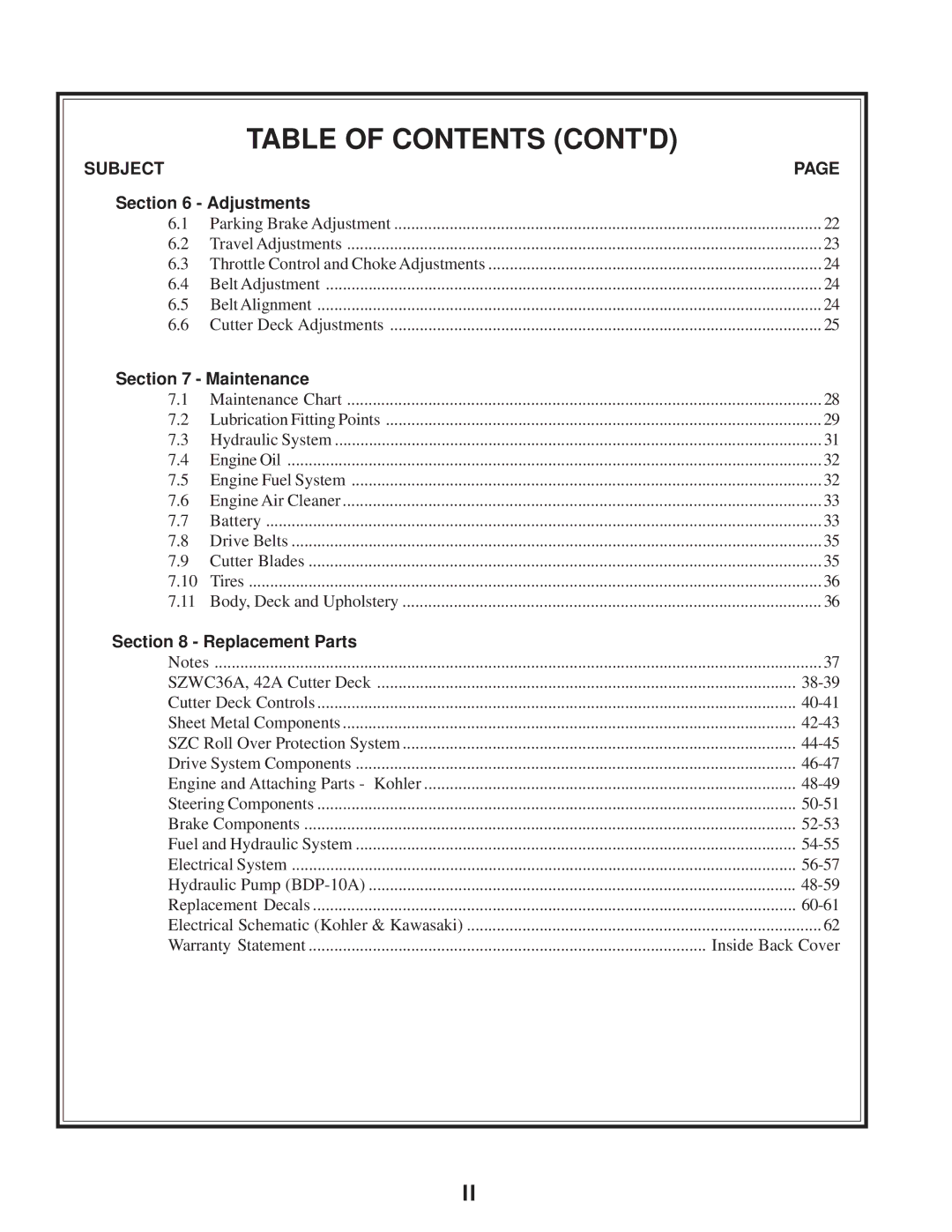 Scag Power Equipment SZC manual Table of Contents Contd 