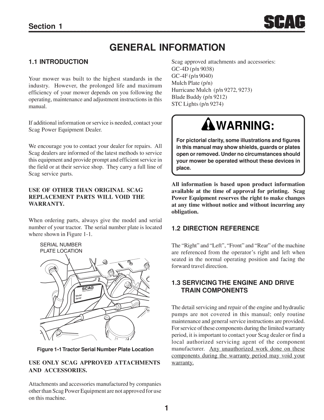 Scag Power Equipment SZC manual General Information, Introduction, Direction Reference 