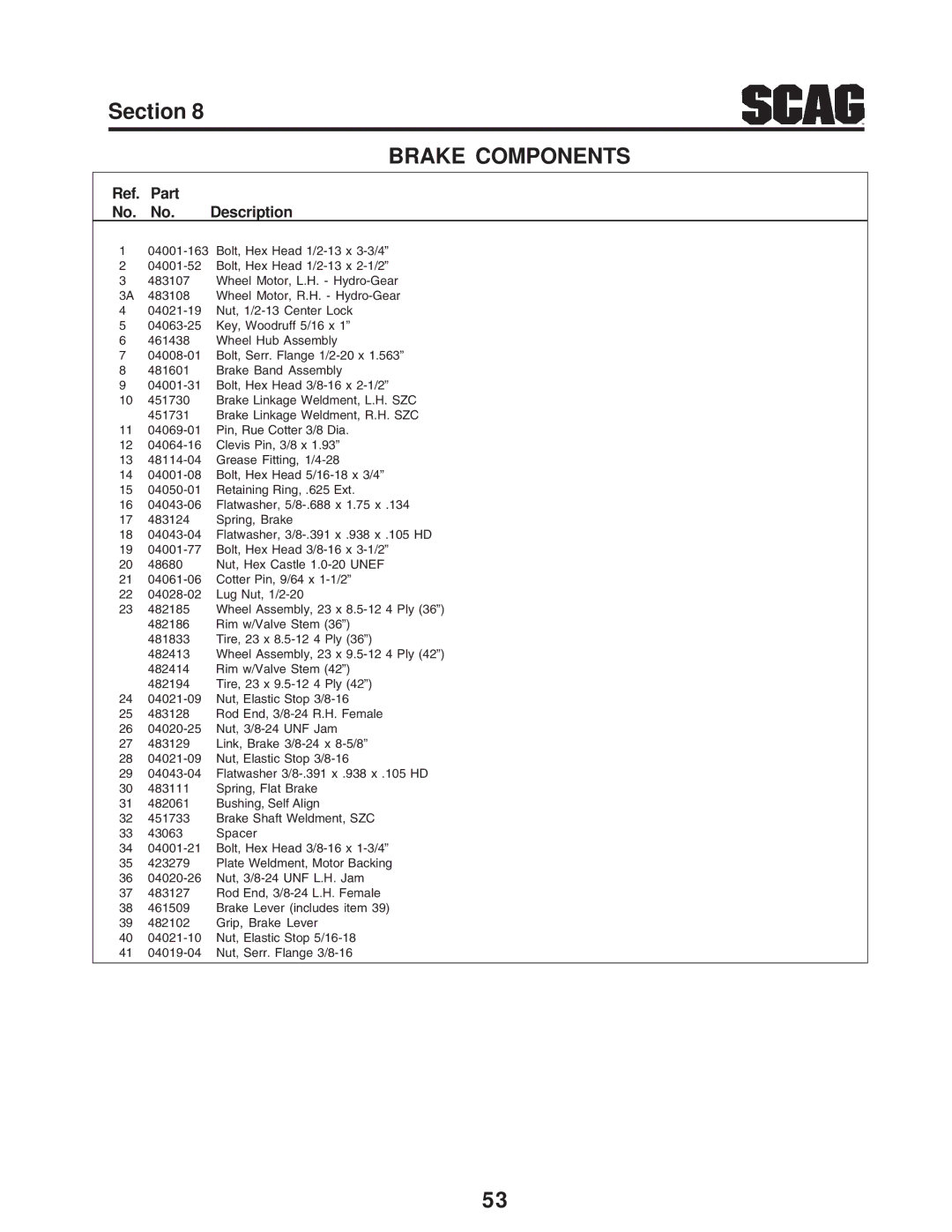 Scag Power Equipment SZC manual Brake Components 