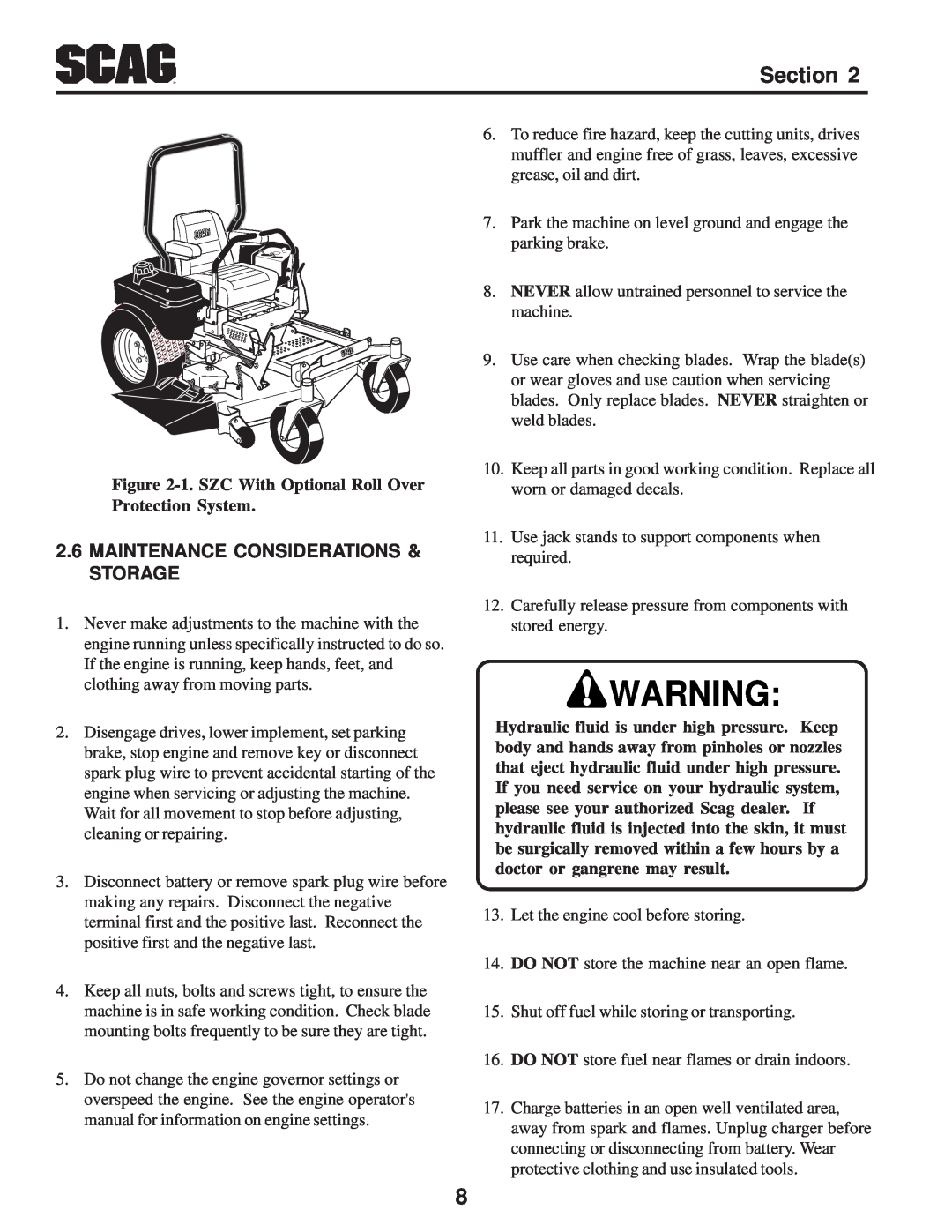 Scag Power Equipment manual Maintenance Considerations & Storage, 1. SZC With Optional Roll Over Protection System 