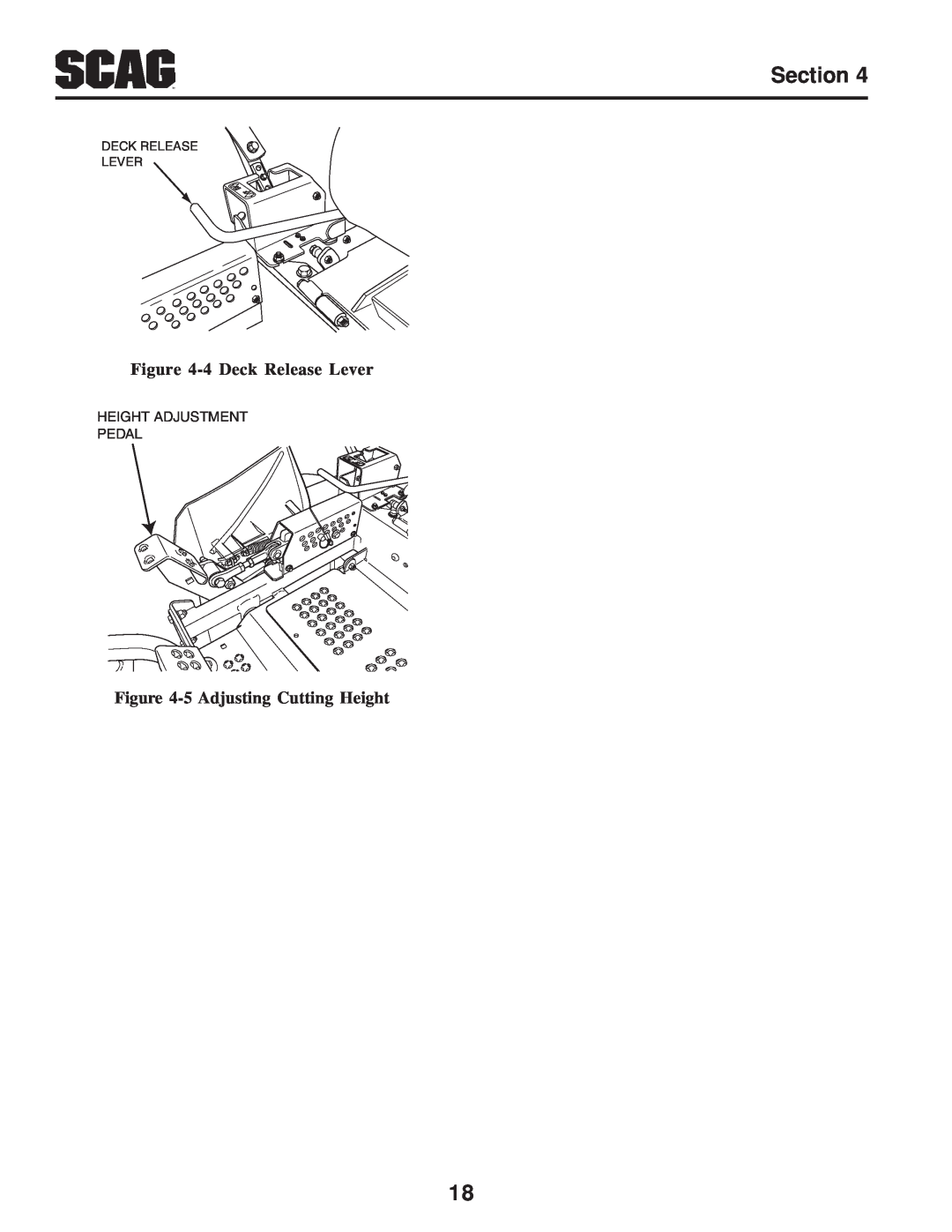 Scag Power Equipment SZC manual 4 Deck Release Lever, 5 Adjusting Cutting Height, Height Adjustment Pedal 
